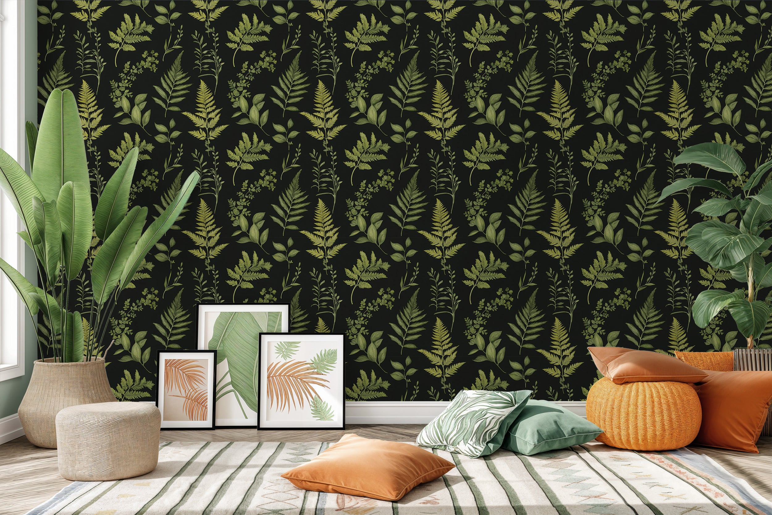 Bold green fern botanical wallpaper on a dark background in a cozy living room with plants, frames, and orange accents