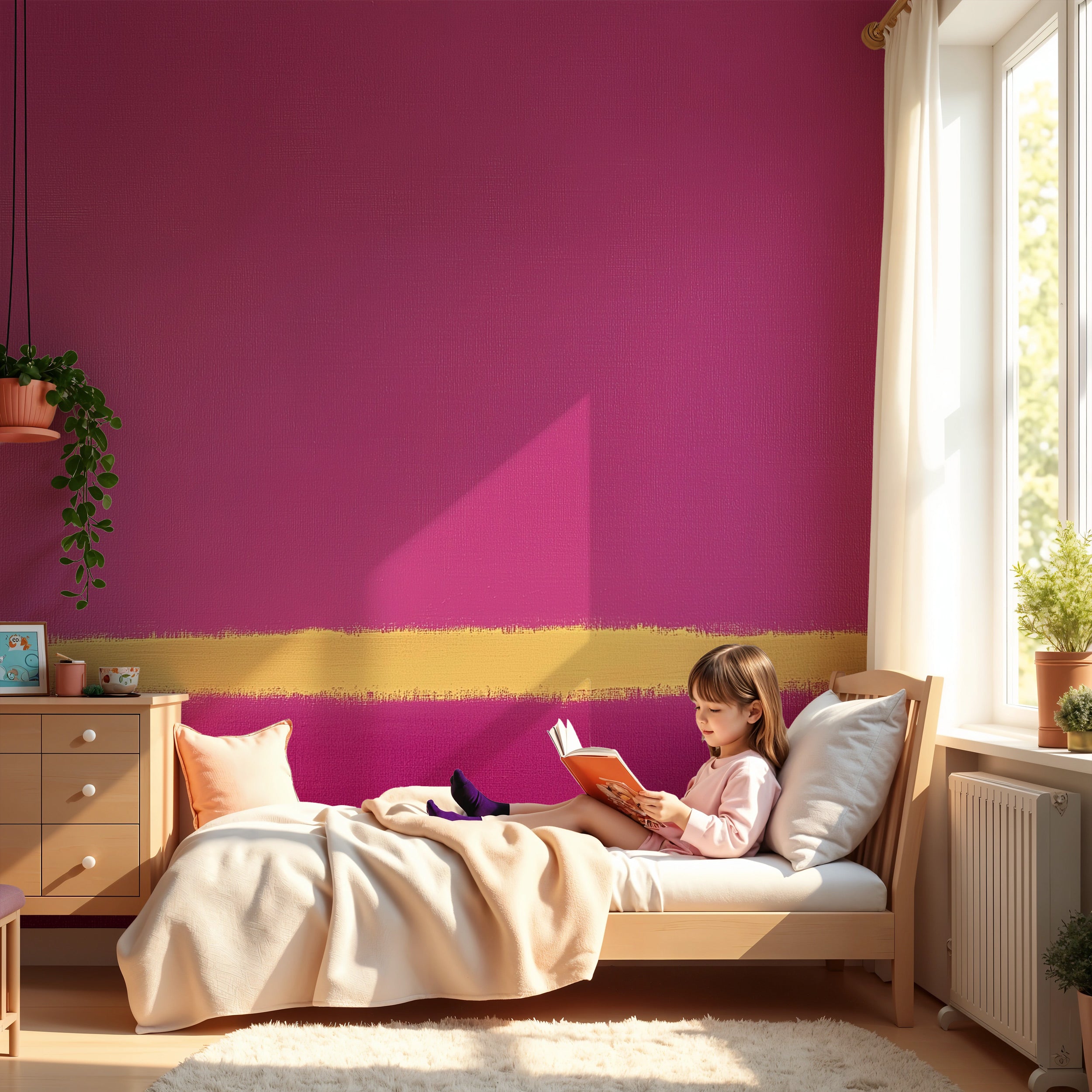 Pink abstract mural with magenta walls and a gold brushstroke stripe, cozy bedroom scene with child reading by window, hug hi