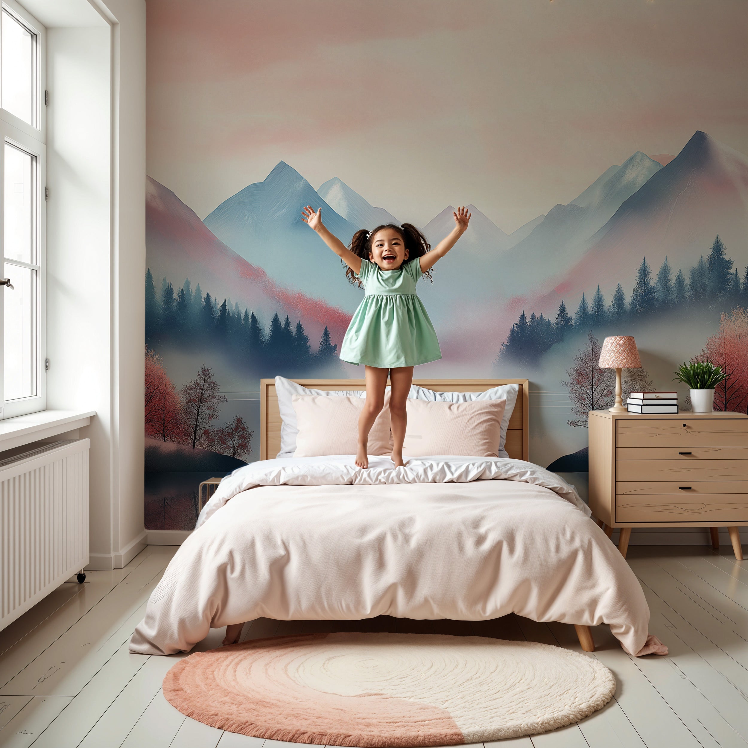 Serene Mountain Lake mural in a dreamy pastel room with a girl jumping on a bed, misty mountains, autumn trees, and calm wate