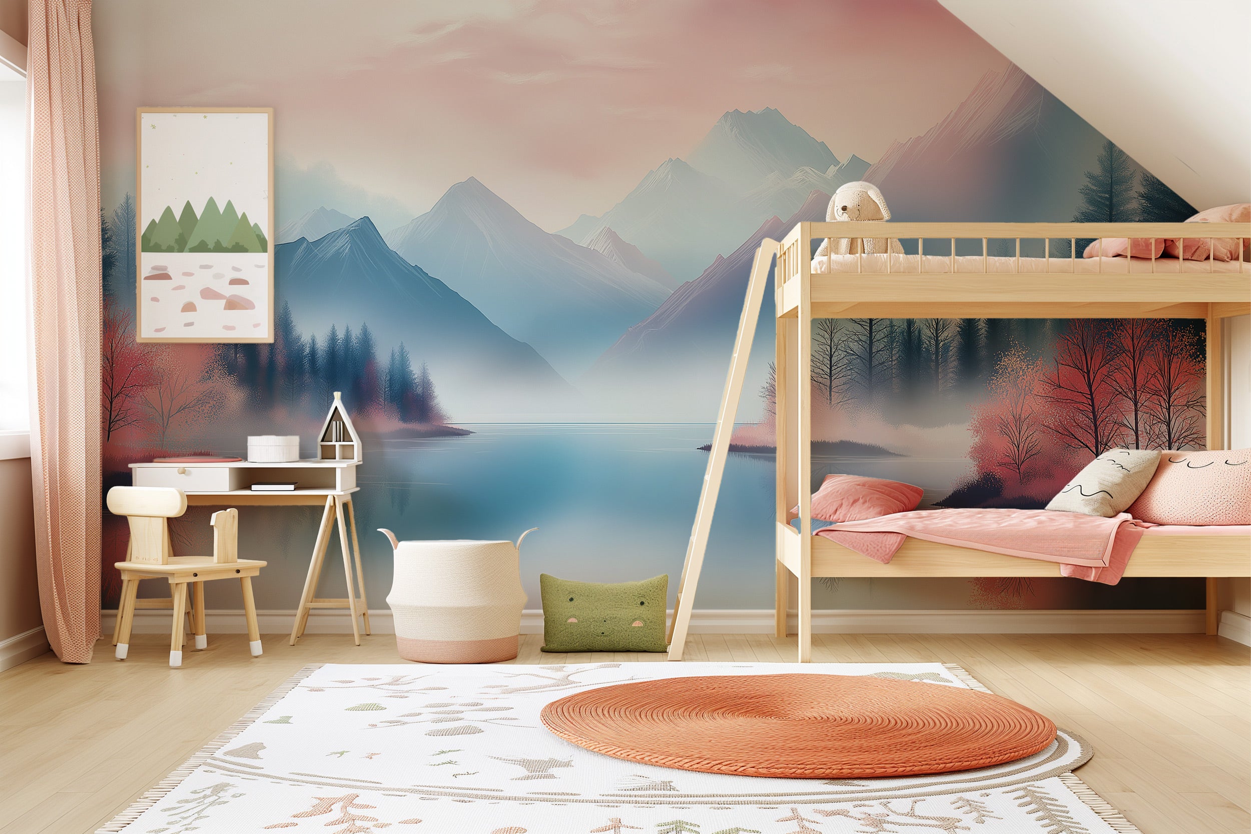 Pink mountain lake mural in a cozy kids' room with pastel mountains, pink trees, and a loft bed with soft decor