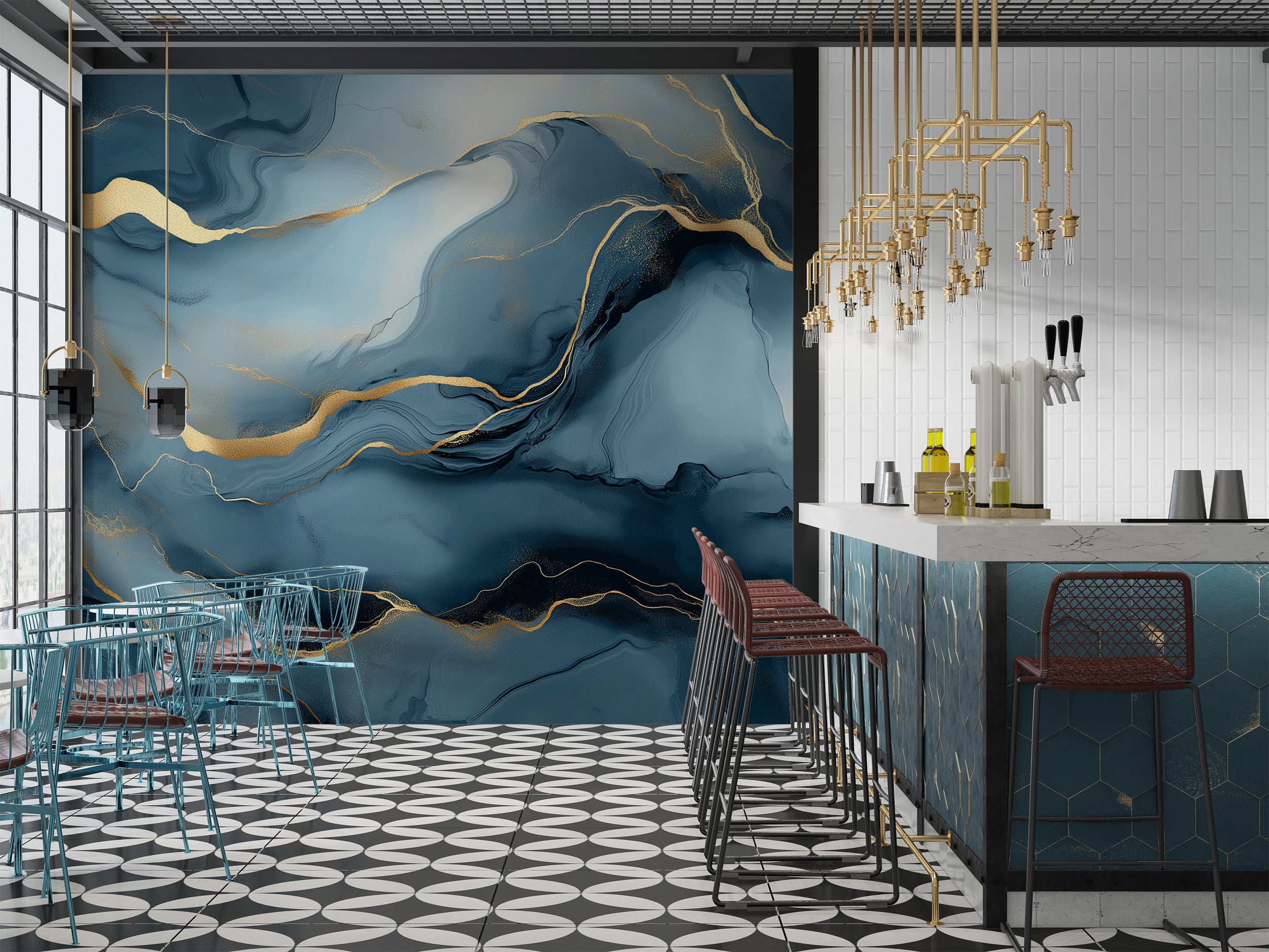 Blue abstract marble mural with gold veining on a modern bar wall, navy and teal tones, luxury self-adhesive wallpaper vibe