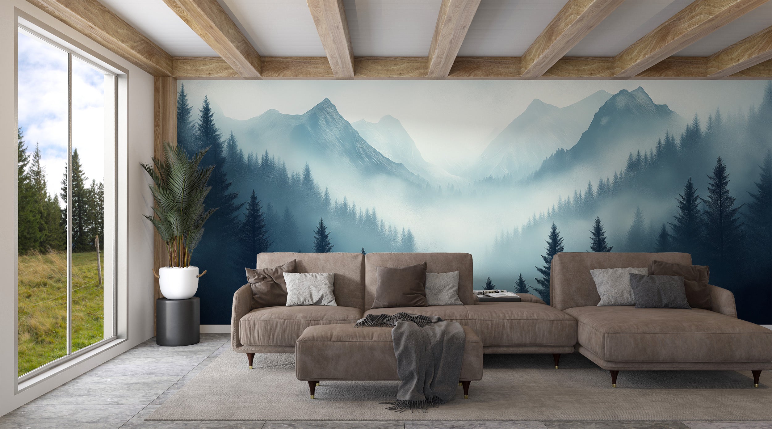 Misty blue gray mountain forest mural with fog and evergreen trees, panoramic wall art in a cozy living room setting