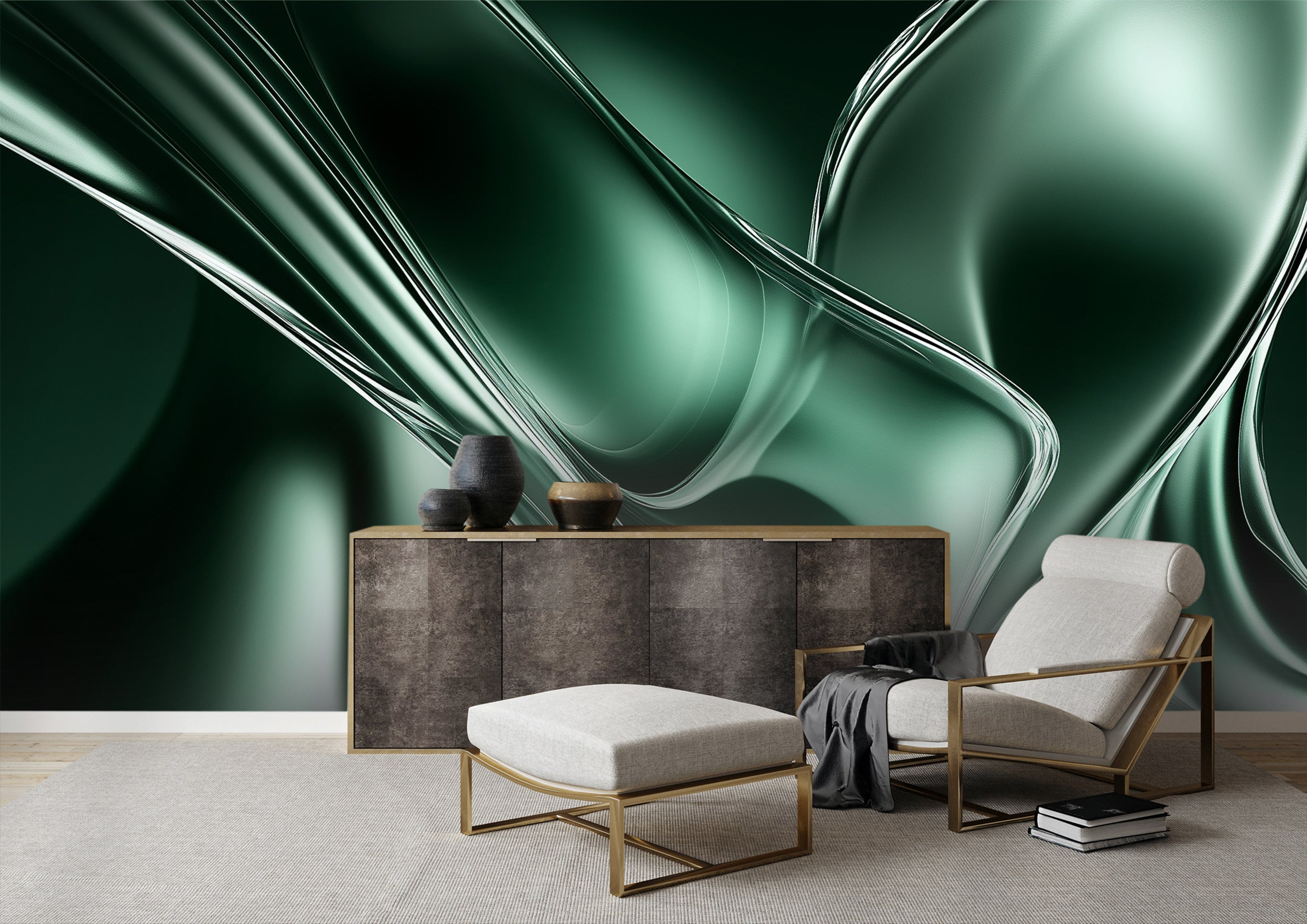 Emerald liquid metal abstract mural with flowing green tones behind a modern beige sofa and gold-framed chair setup in a cont