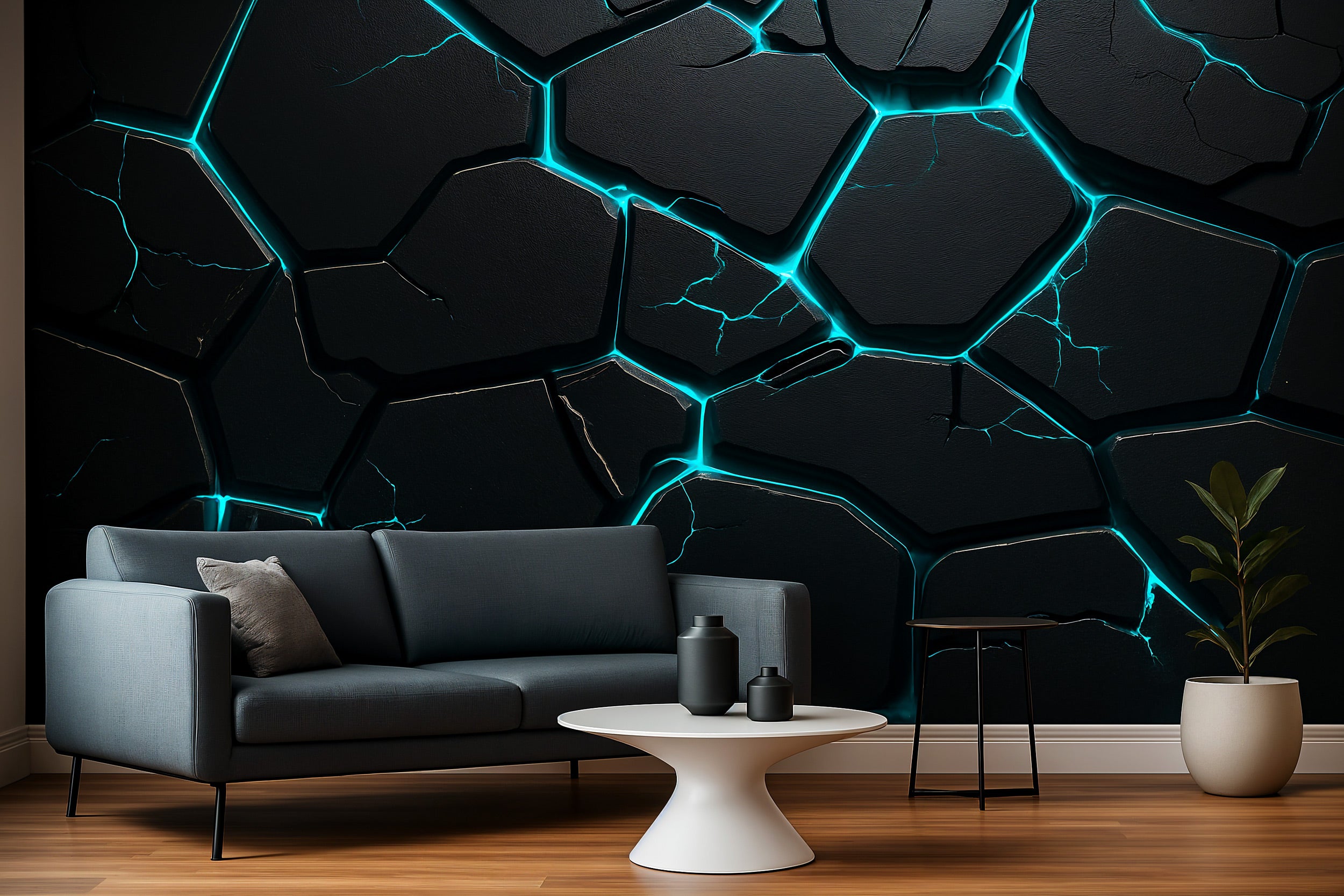 Futuristic hexagon mural with glowing cyan energy lines on a dark wall behind a blue sofa in a modern living room setting
