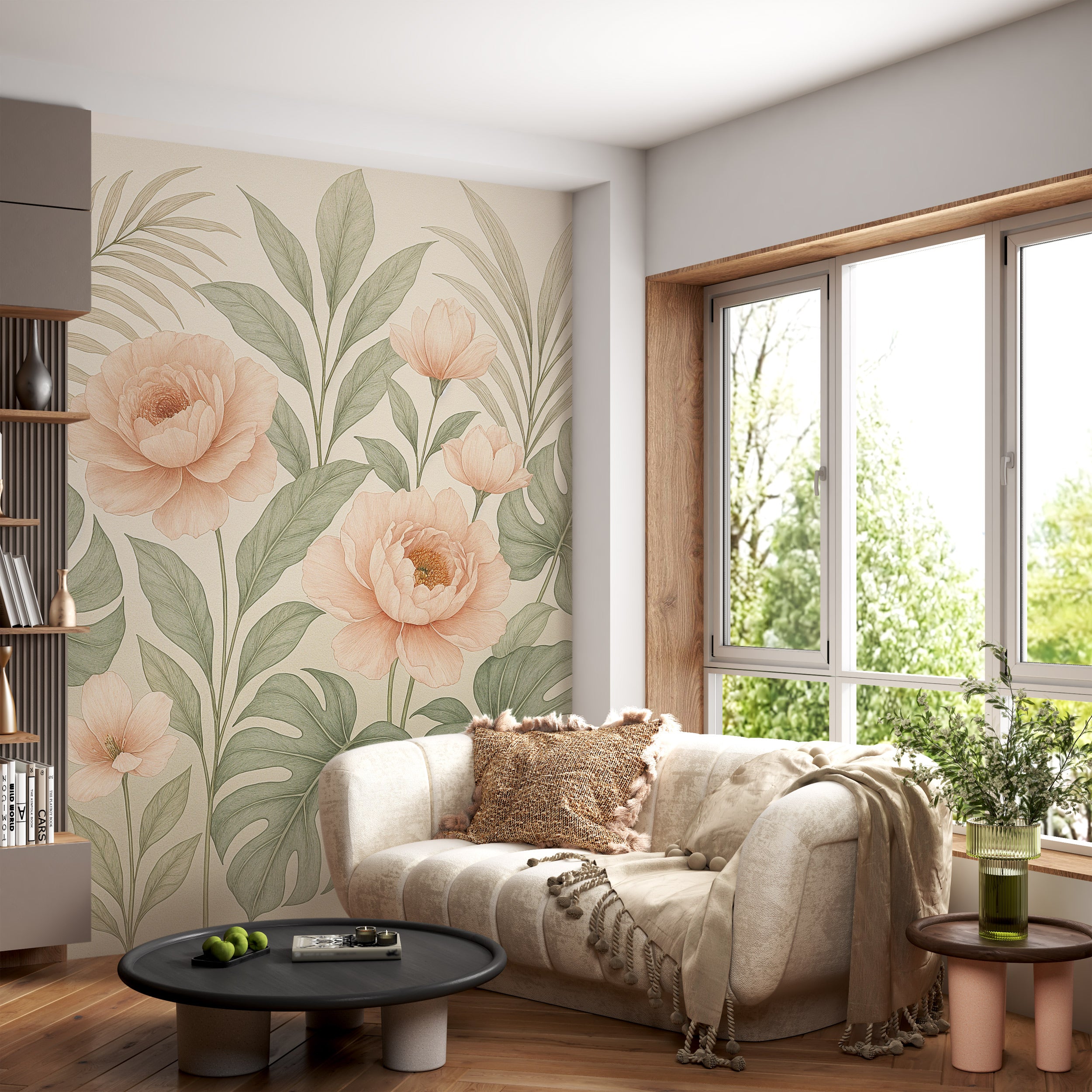 Tropical floral mural in a cozy living room with peach peonies and green monstera leaves on a soft watercolor backdrop behind