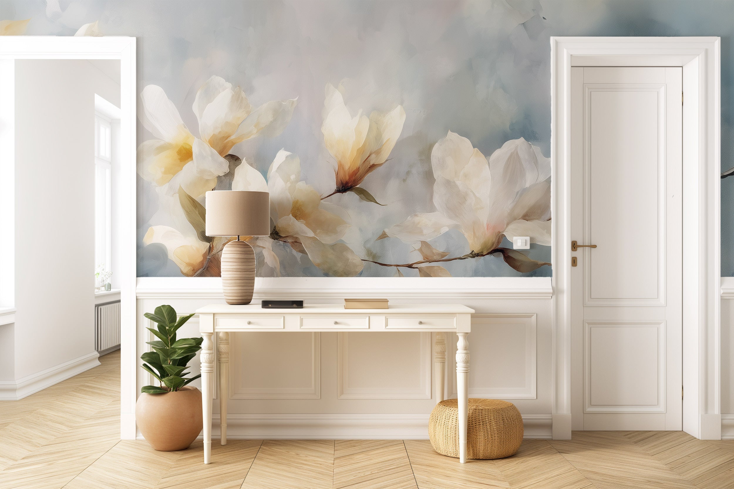 Watercolor magnolia branch mural in a bright, airy bedroom with cream walls and white paneling, soft blue background blossoms