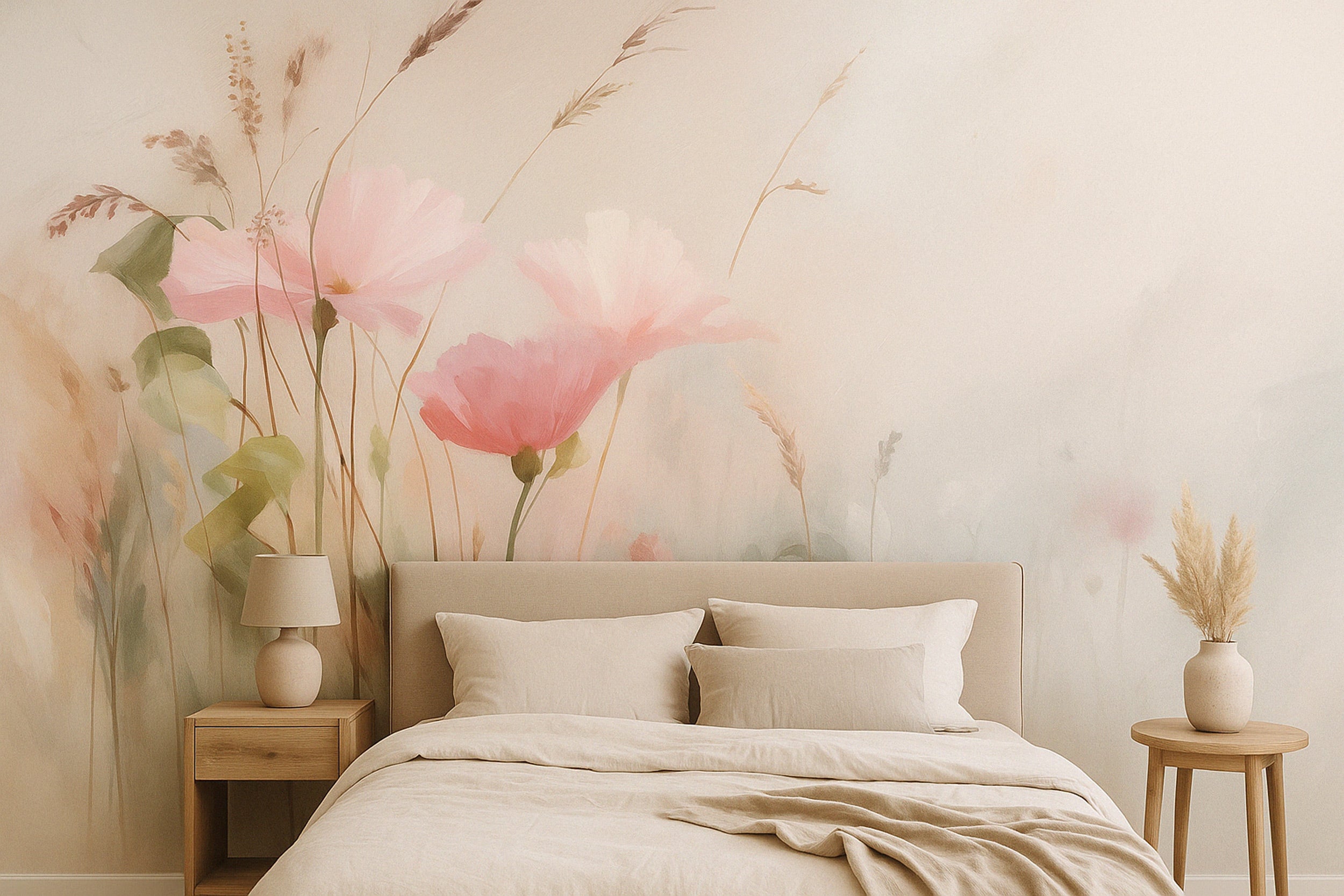 Watercolor floral mural with soft pink flowers and grasses in a serene bedroom setting with beige bed and minimalist decor