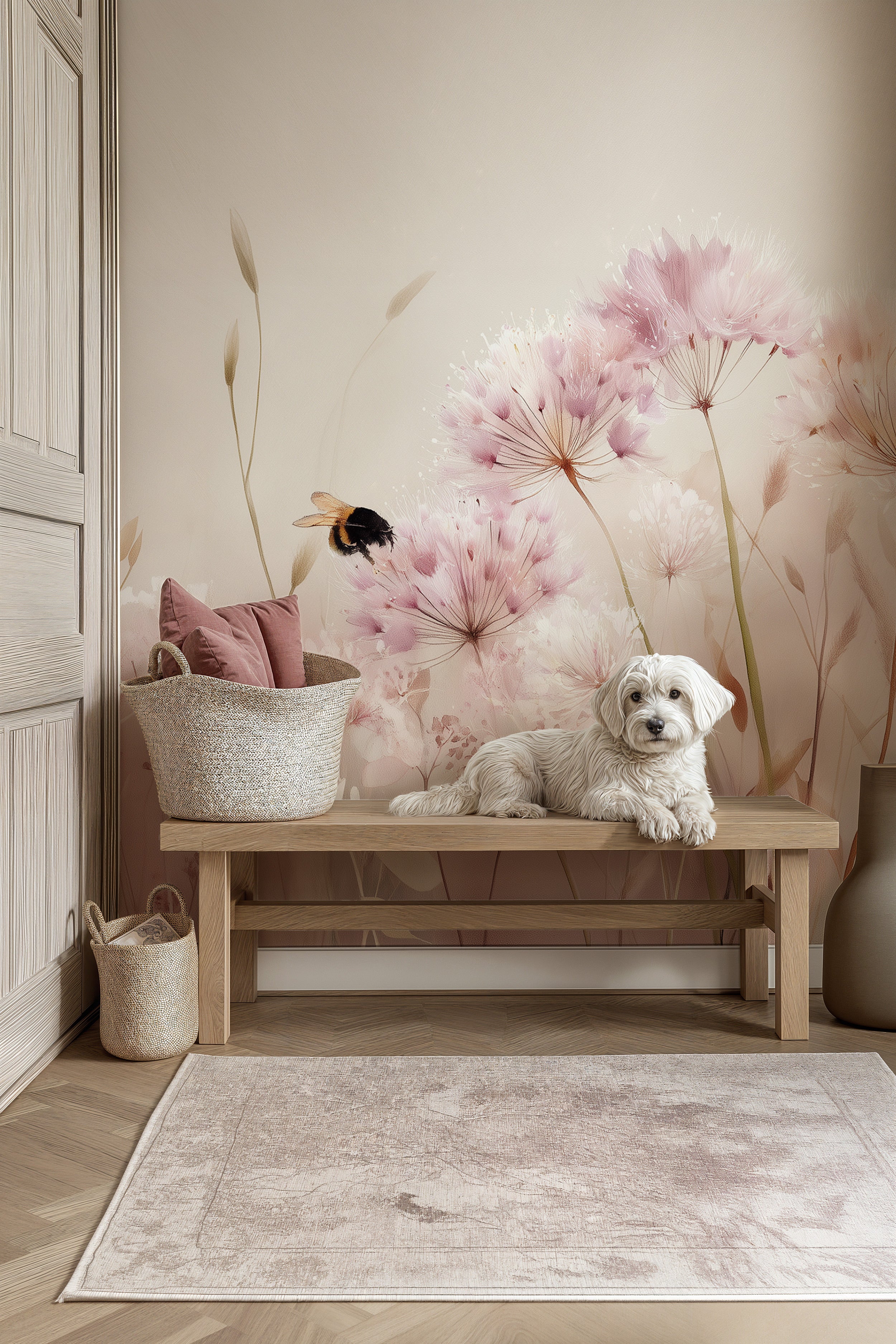 Soft pink meadow mural with dandelion-like blooms and a bee, on a cozy nursery corner with a white dog on a wooden bench and