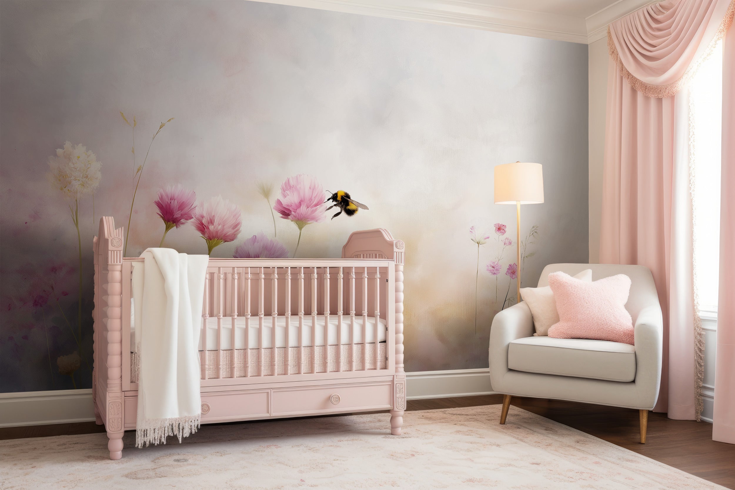 Watercolor meadow mural in soft pastels with pink cosmos flowers and a bumblebee, a pink crib, white blanket, and a cozy pink