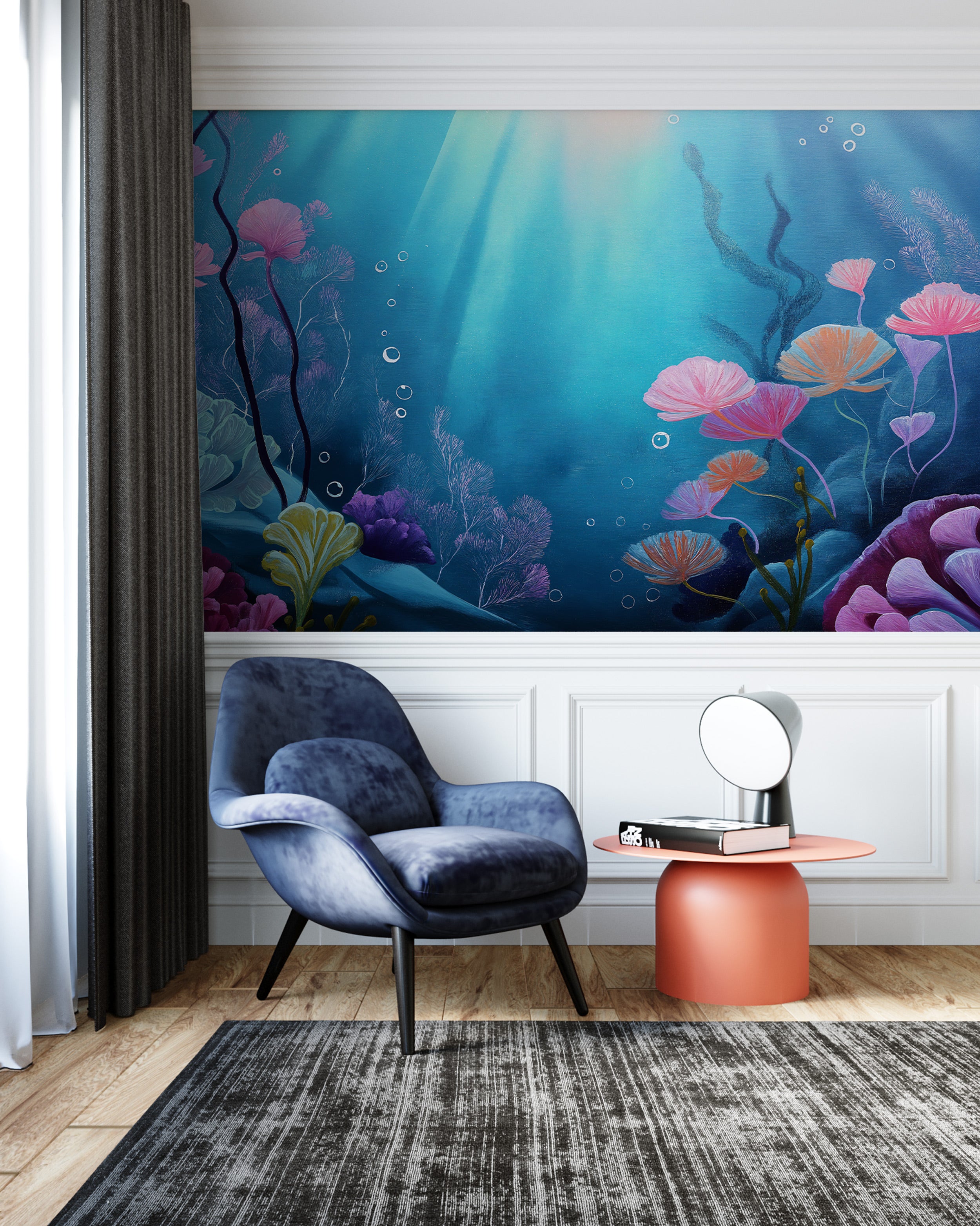 Underwater coral reef mural in a coastal living room with blue pink hues, tropical fish and bubbles on a wall behind a blue v