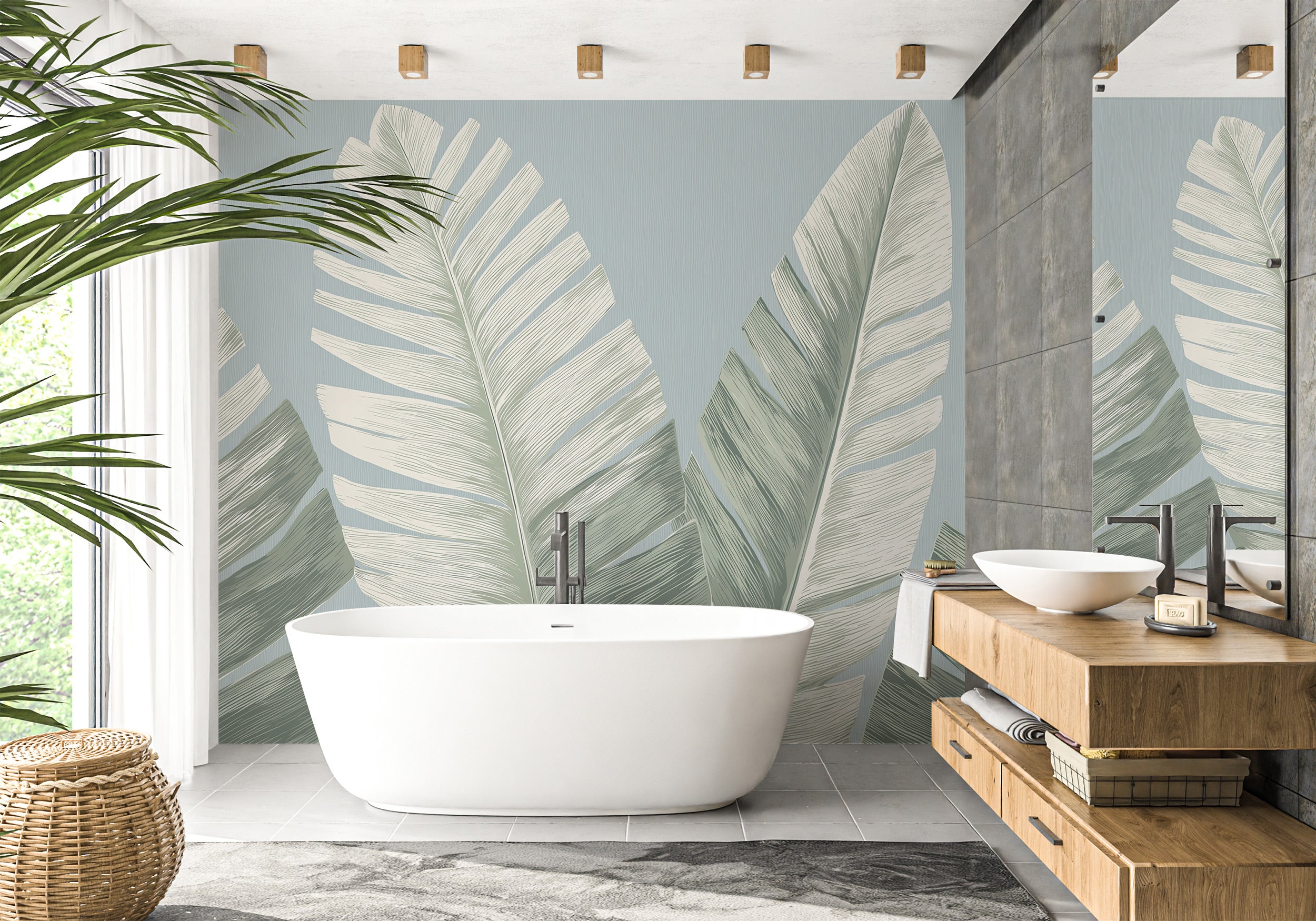 Tropical banana leaf mural in sage green and cream tones on a bathroom wall, large palm leaves with a calming botanical desig