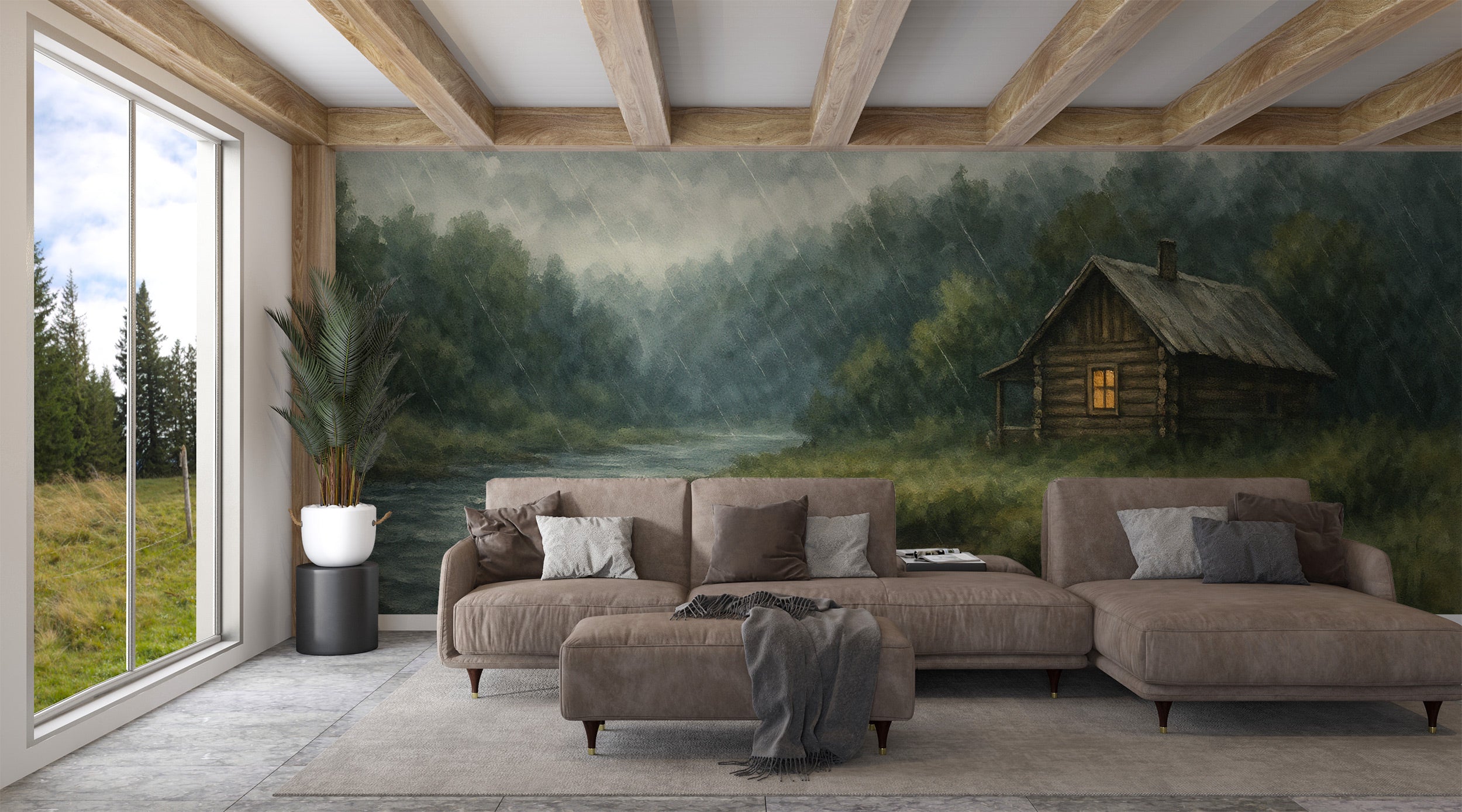 Rainy forest cabin mural showing a moody woodland with a glowing cabin by the water and stormy skies in a cozy living room se