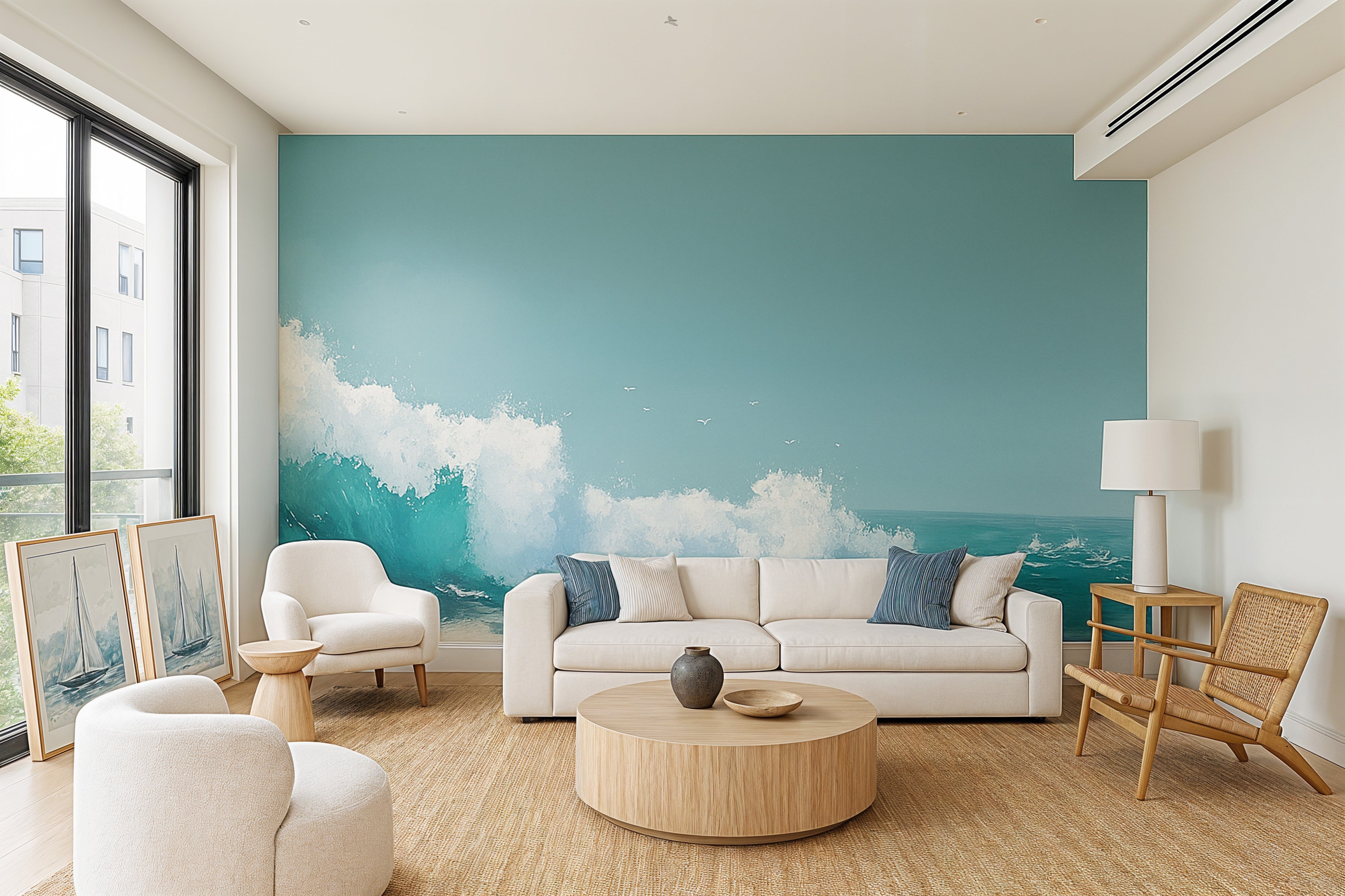 Coastal living room with turquoise ocean wave mural, white foam, flying seabirds, beige sofa, natural wood furnishings and la