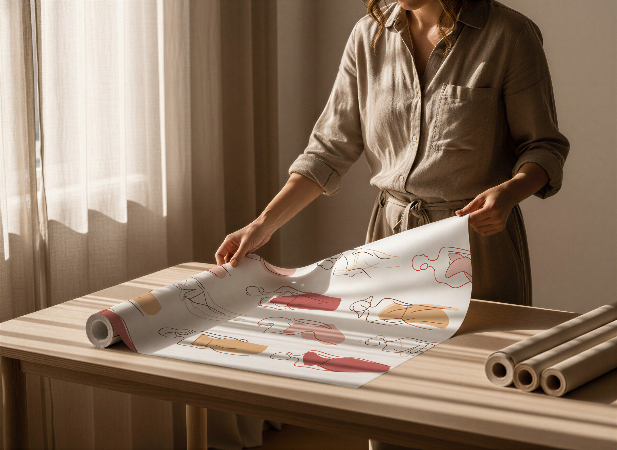 Person unrolling pattern wallpaper on a wooden table with a neutral background