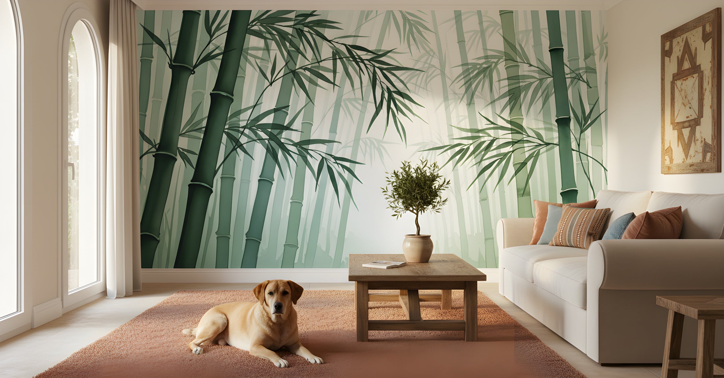 Serene bamboo forest mural in sage green tones with tall stalks and lush leaves framing a cozy living room setting