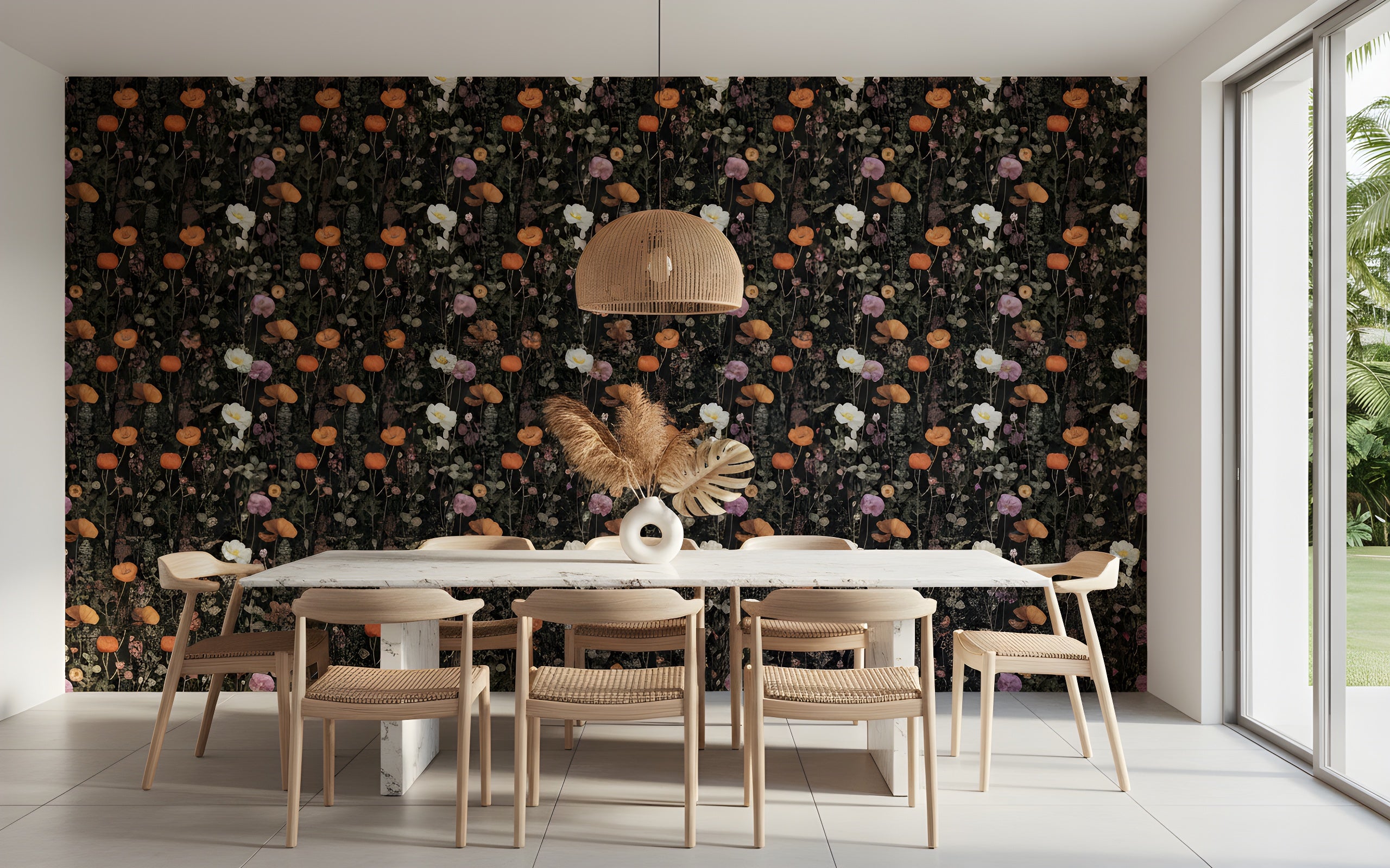 Dark botanical floral pattern wallpaper in a modern dining area with a white table, light wood chairs, and a woven pendant light against a black