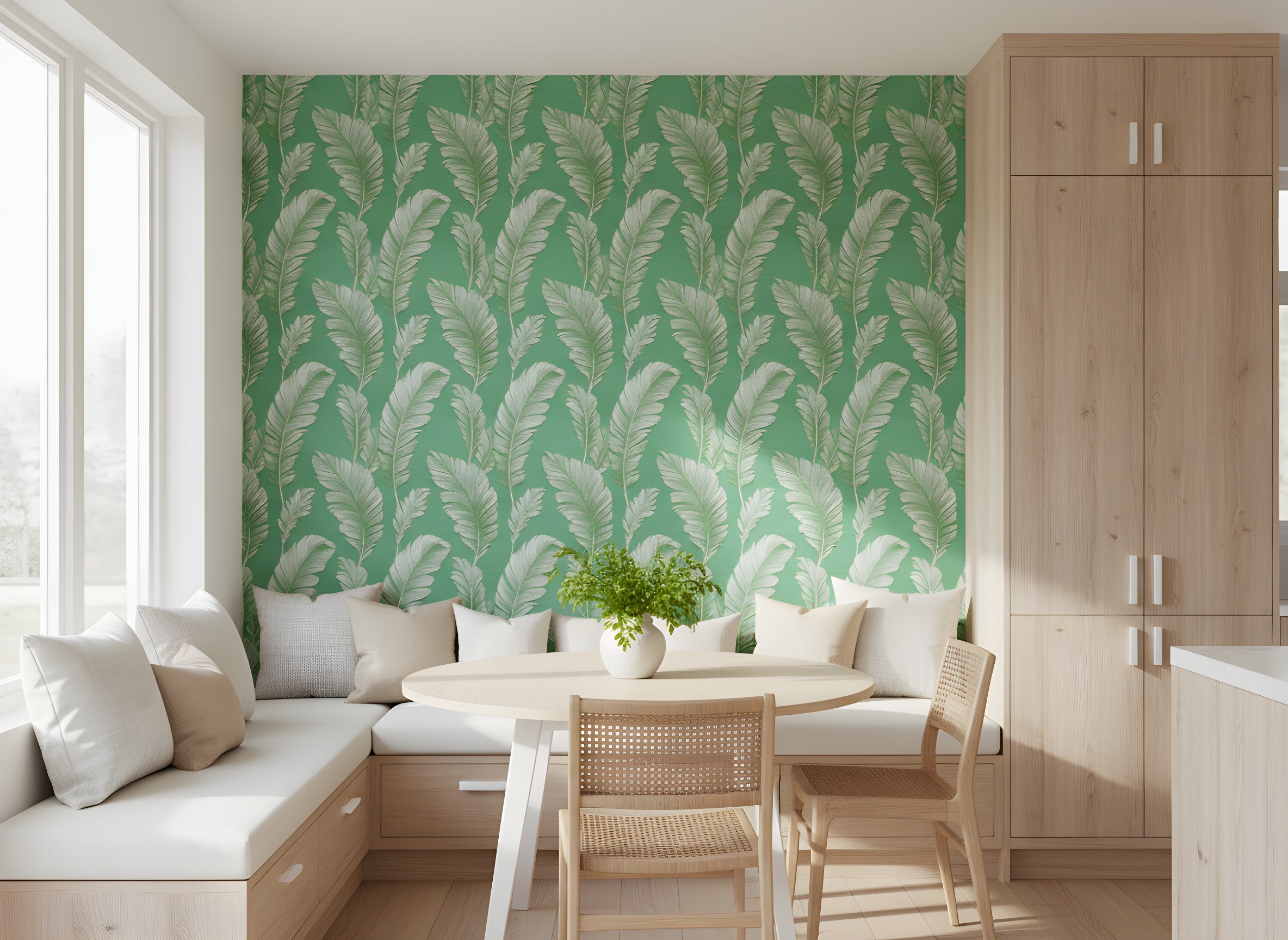 Green palm leaves wallpaper in a bright teal living nook with a curved white sofa, beige cushions, round table, and light wood cabinetry in a