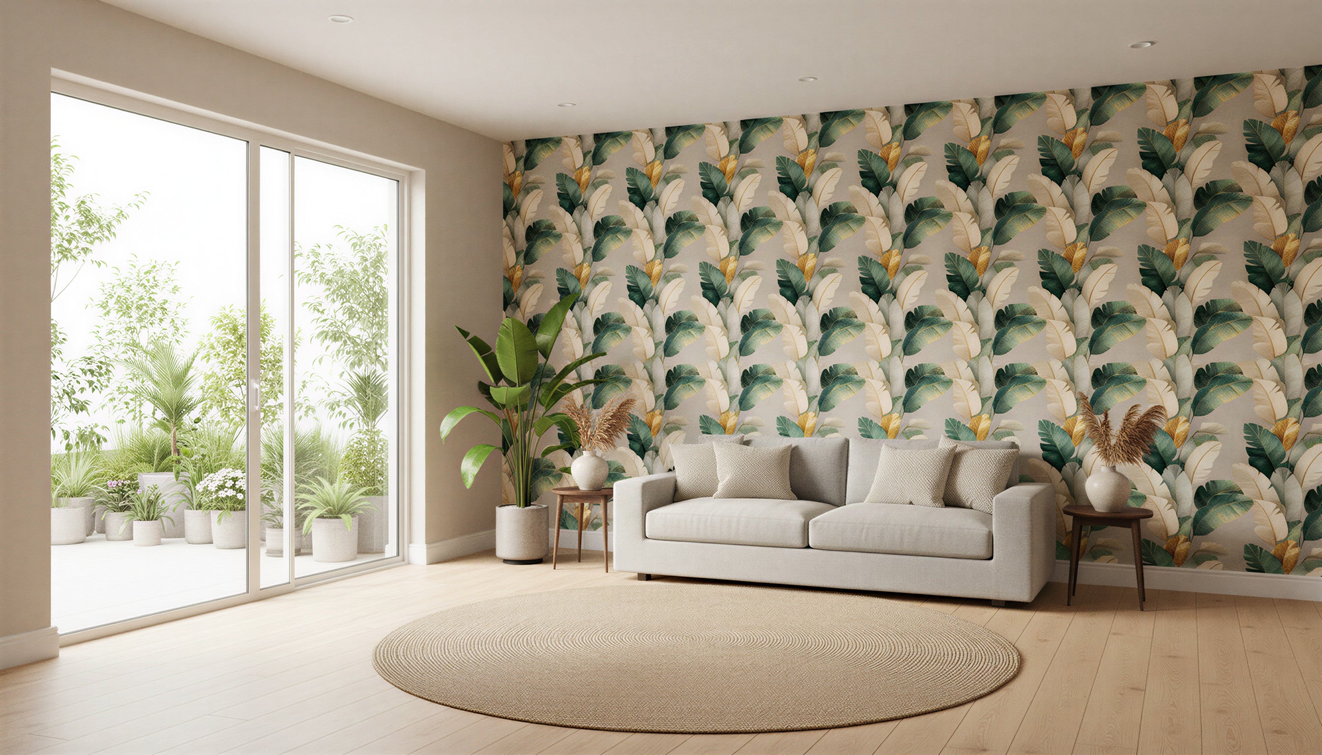 Living room with a tropical leaves wallpaper featuring green, cream, and gold botanical pattern behind a beige sofa and plants in a bright modern