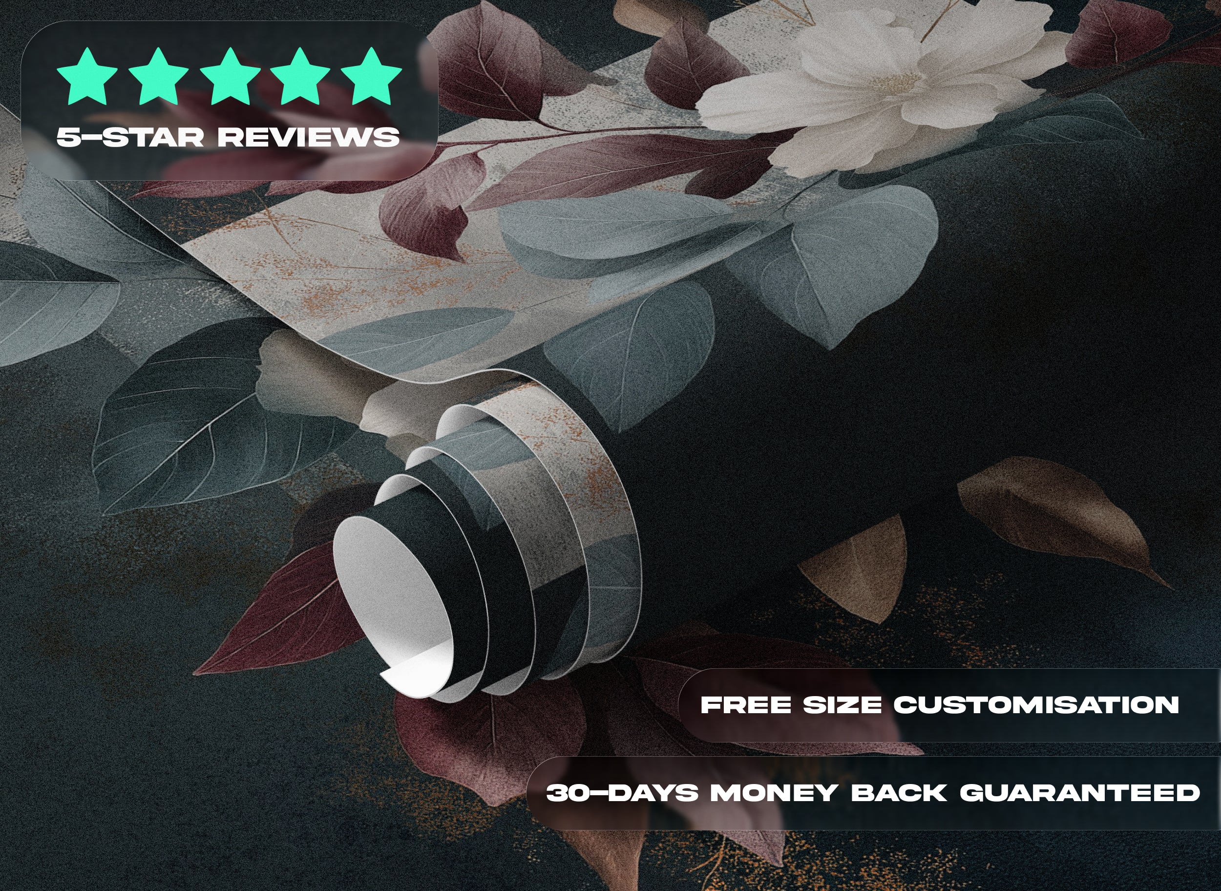 Dark elegant botanical mural featuring a white magnolia bloom with burgundy, sage green, and bronze foliage on a deep backdrop for a removable
