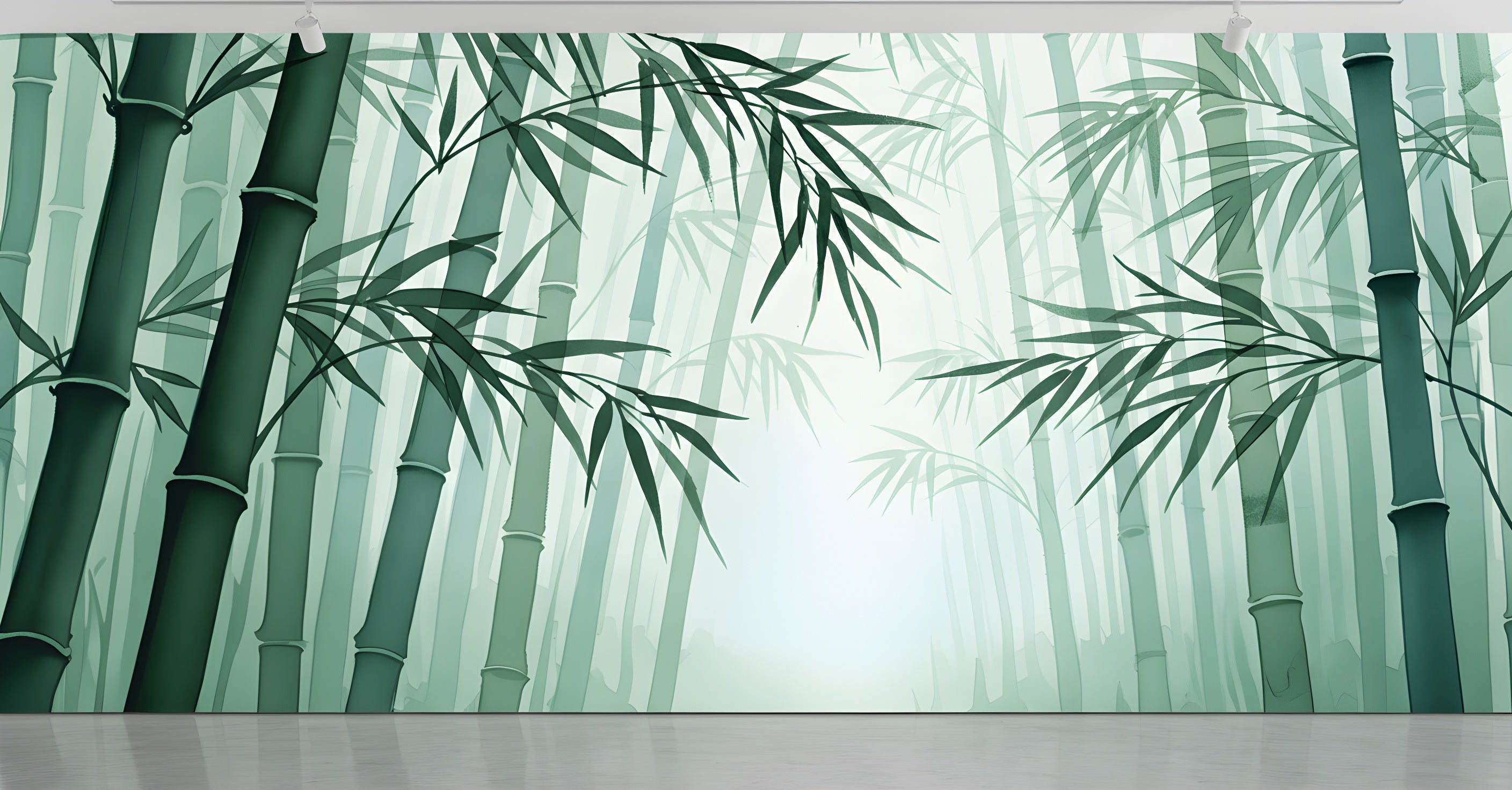 Serene bamboo forest mural in sage green tones with tall stalks and leafy canopy, removable self-adhesive wall art for a tranquil bedroom or living