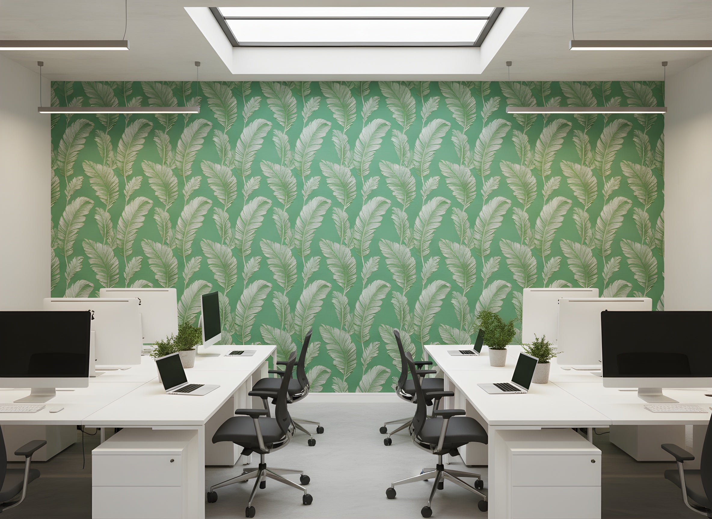 Office workspace with white desks and black chairs, emerald green tropical palm leaf wallpaper on back wall, plants on desks, modern lighting fixtures