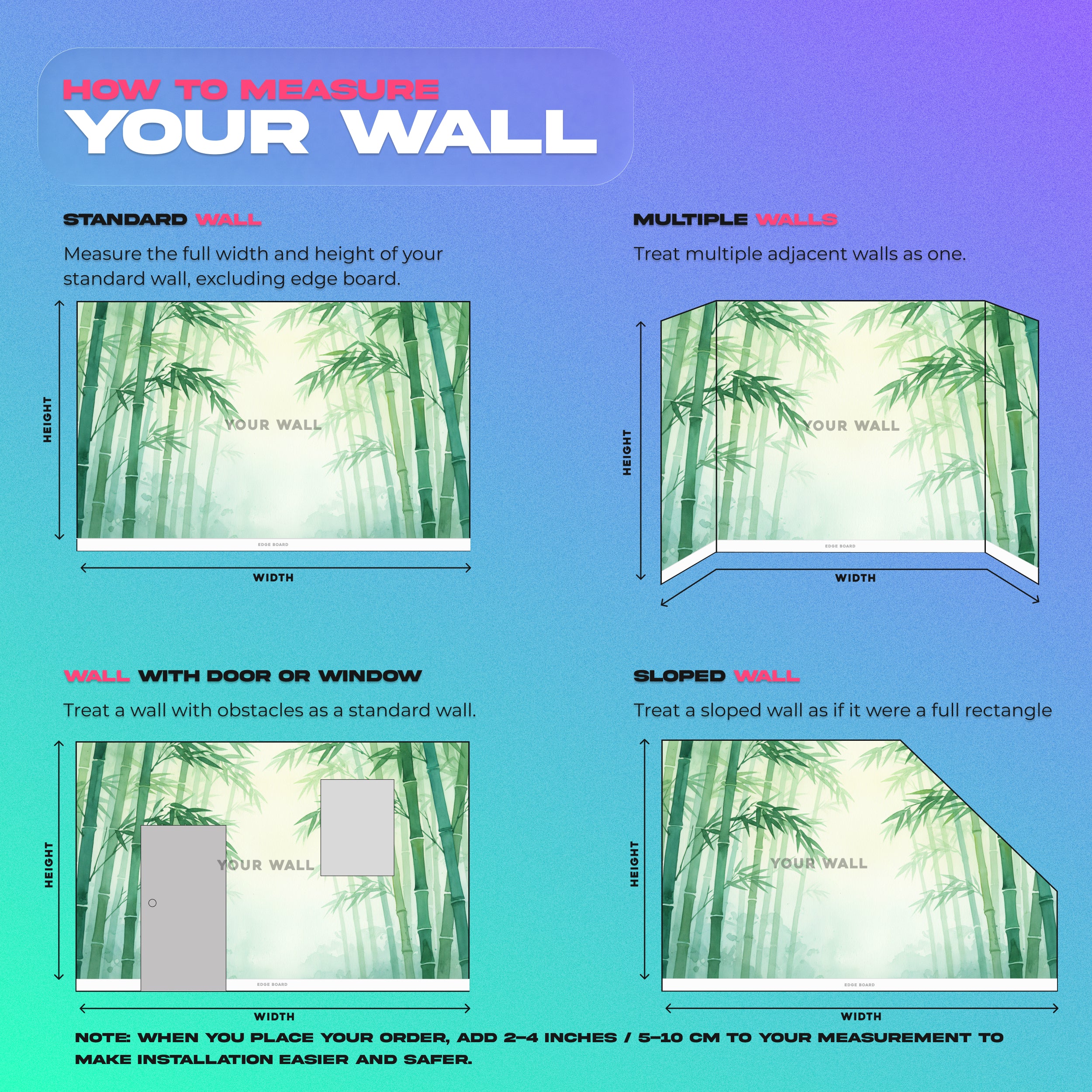 Watercolor bamboo forest mural in soft green tones on a serene wall, peel and stick removable design ideal for bedroom or living room decor