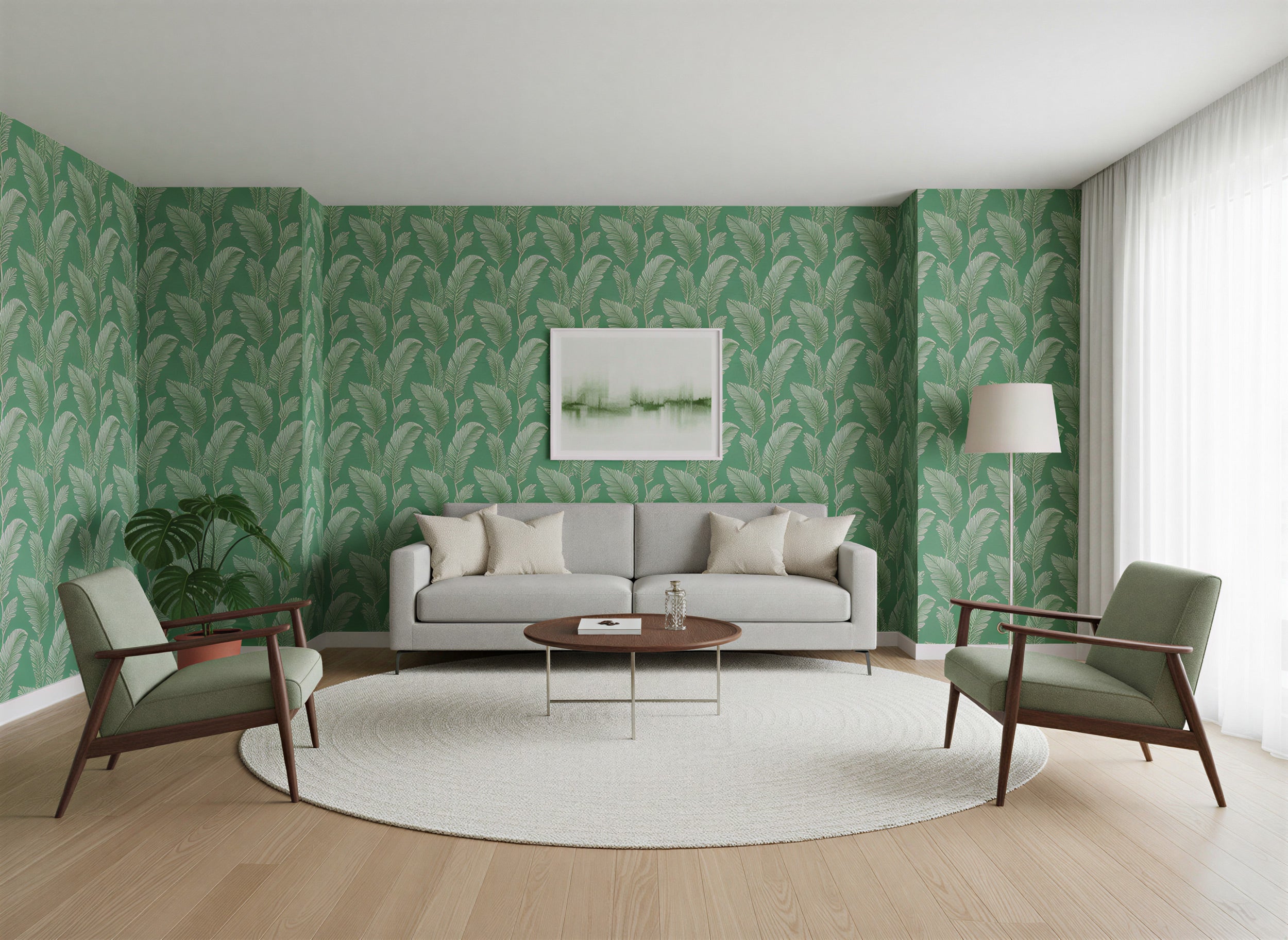 Living room with green palm leaves wallpaper, emerald backdrop, light gray sofa, mid-century chairs, and tropical plant accents in a stylish