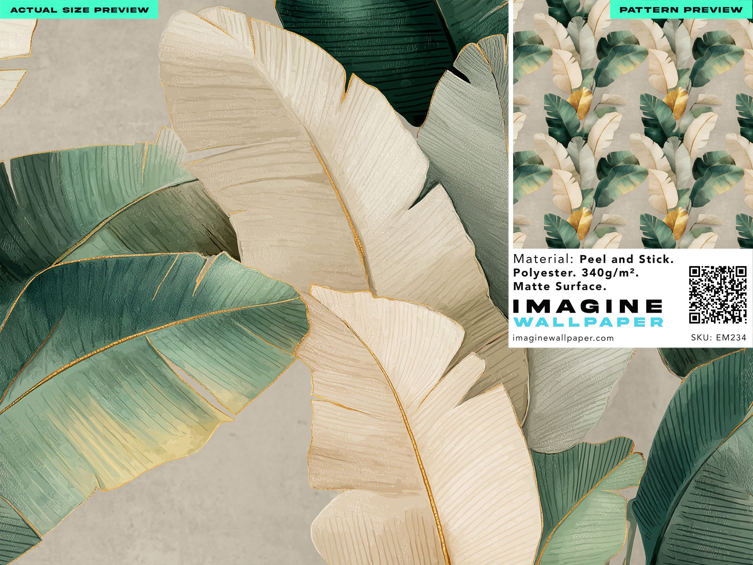 Tropical leaves wallpaper with green and gold botanical pattern featuring large emerald and cream palm fronds for a modern living room decor style