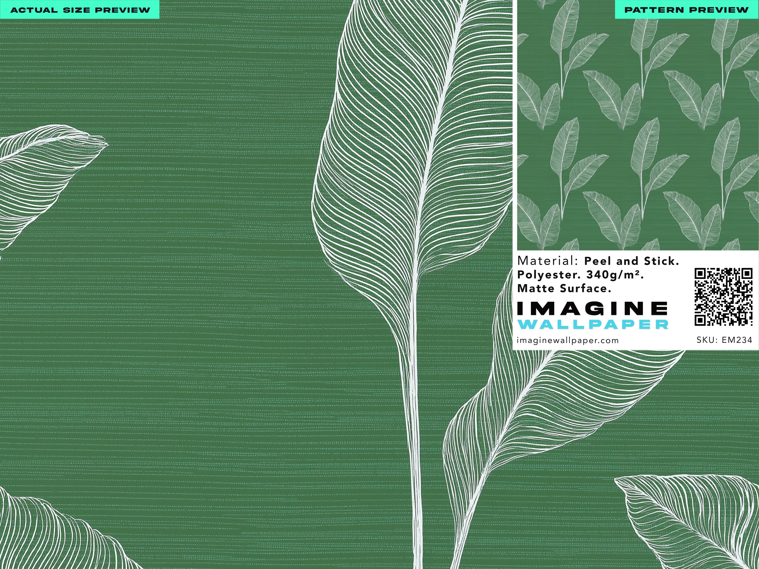 A lush emerald green tropical leaf wallpaper featuring white line-drawn leaves with a textured background and a small pattern panel showing