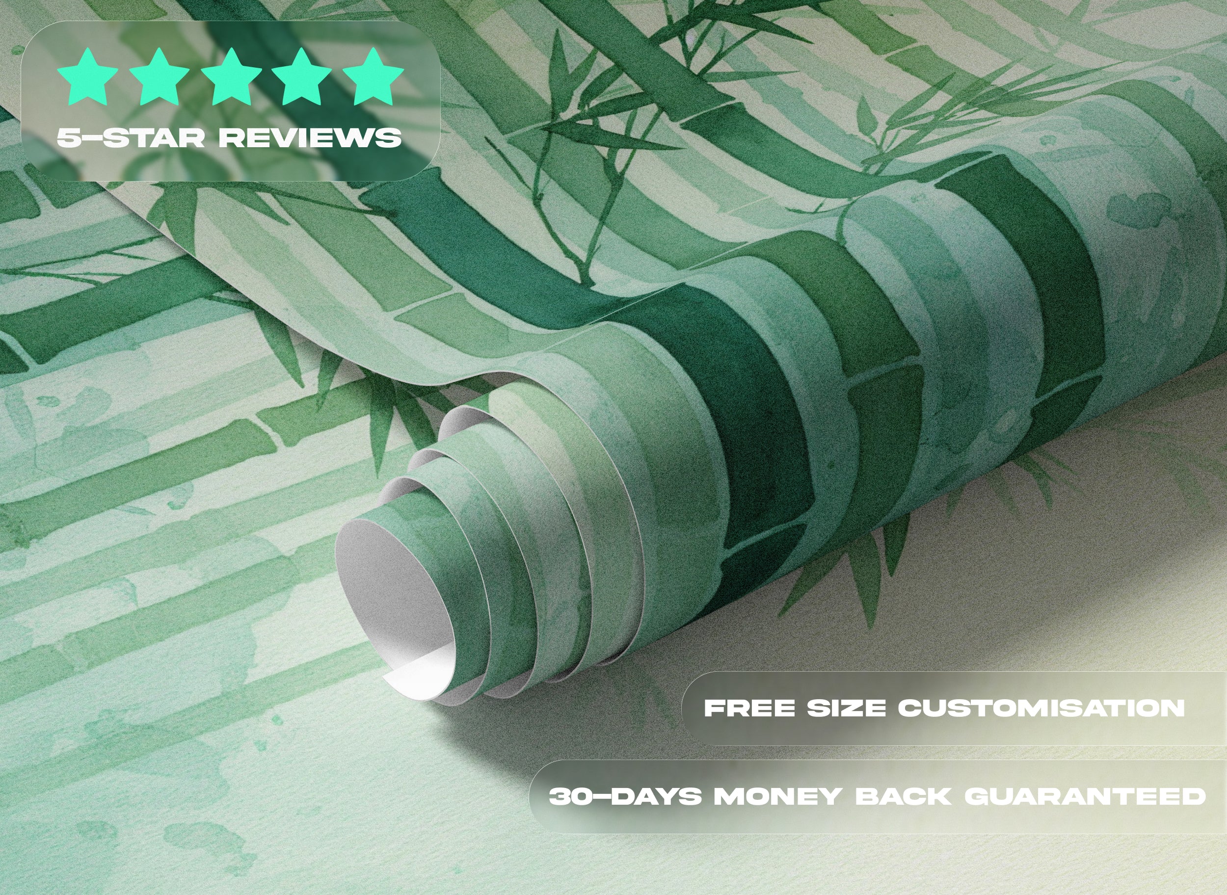 Green watercolor bamboo forest peel and stick mural rolled up with soft leaf details for serene bedroom or living room decor