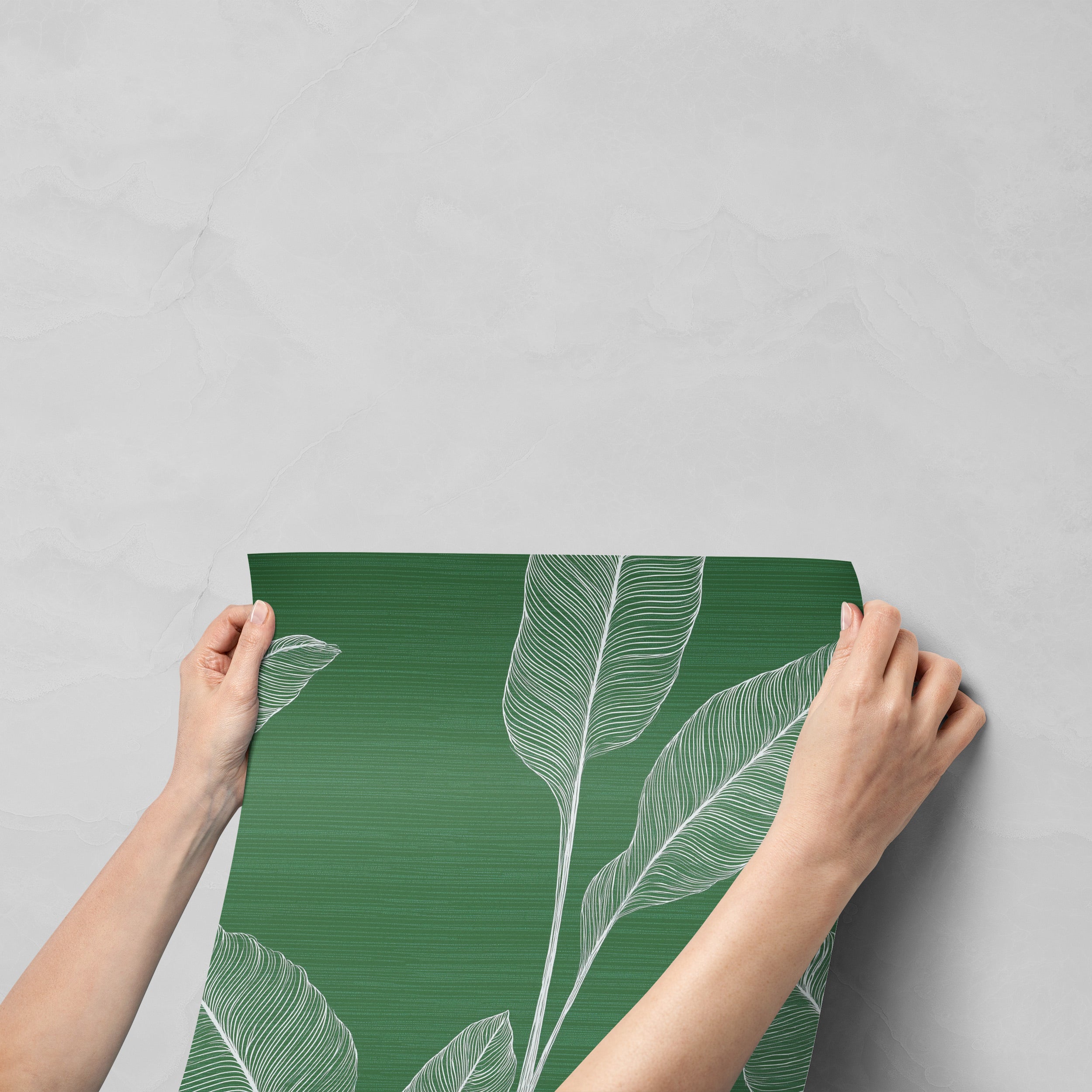 Green tropical leaf wallpaper with white line art on emerald textured background, peel and stick self-adhesive wall covering for modern living spaces