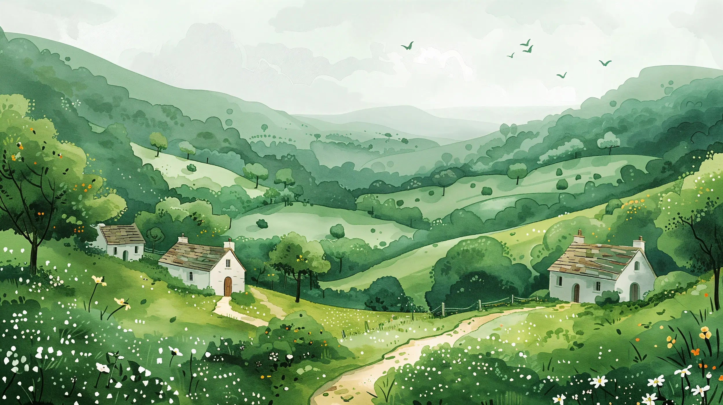 Green English Village watercolor wallpaper