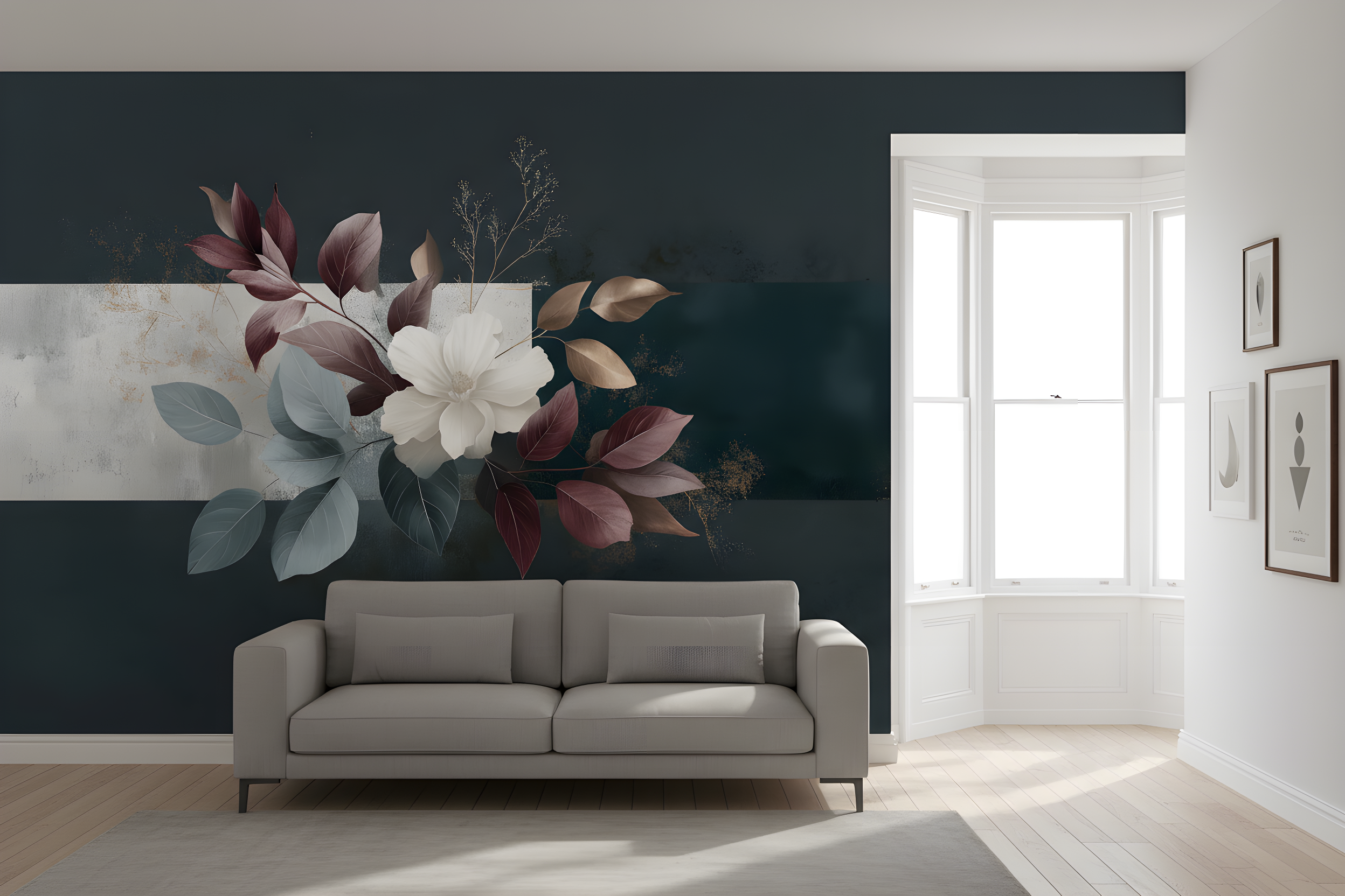 Dark elegant botanical mural with a large white magnolia bloom and burgundy, sage green, bronze leaves on a deep navy wall in a modern living room