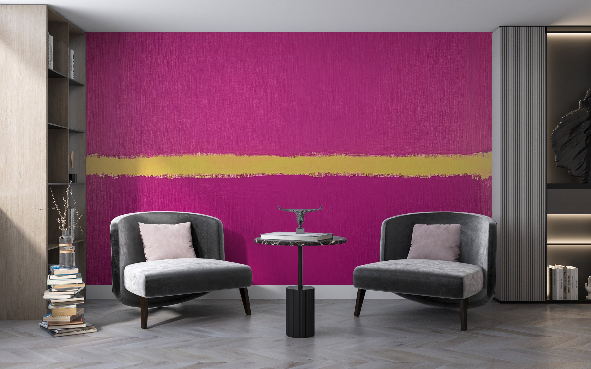 Pink abstract mural in magenta with gold brushstroke stripe across a modern living room backdrop featuring two grey chairs an