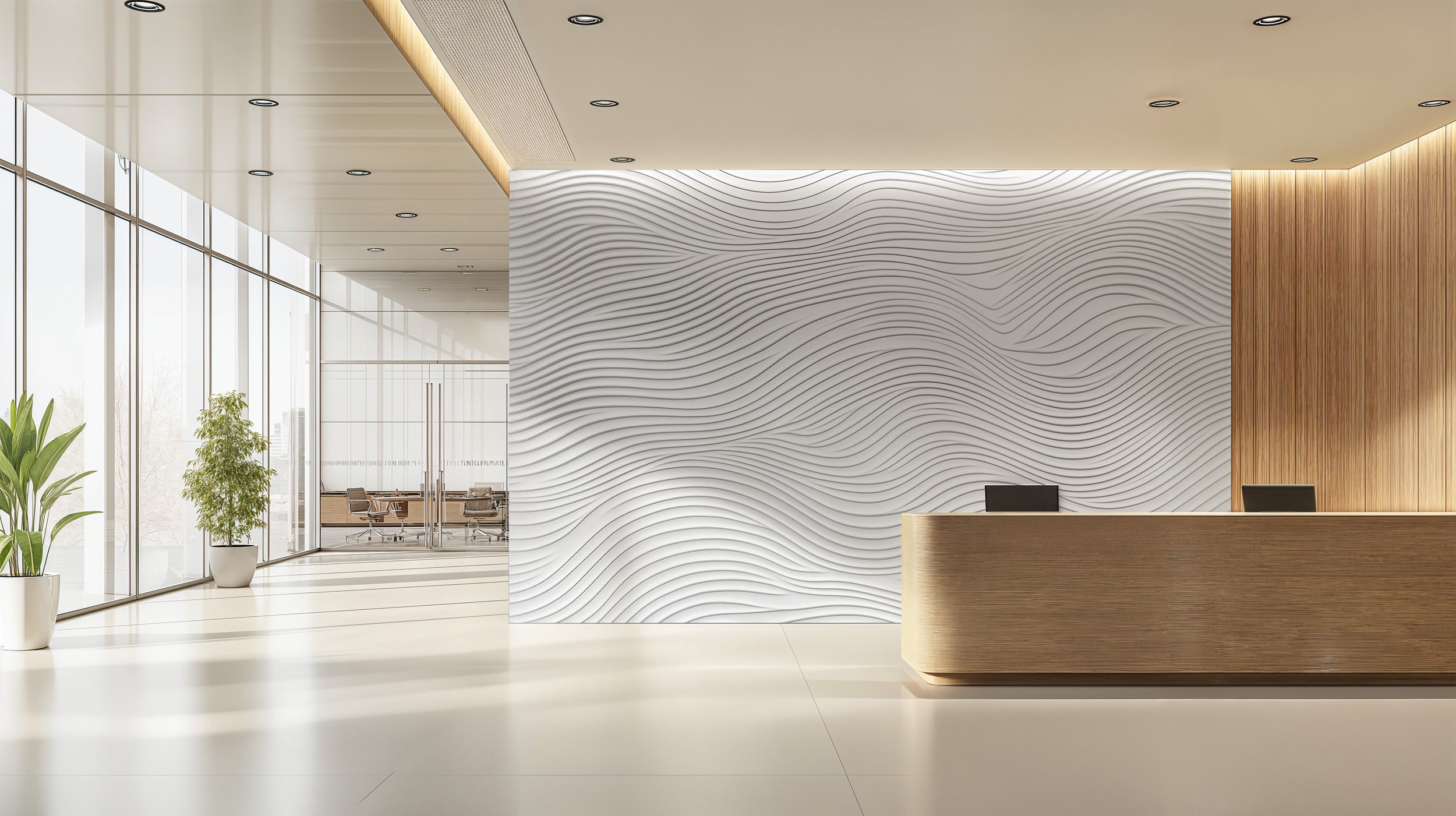 Neutral abstract wave mural in a modern office lobby with flowing gray lines on white, complemented by wood panel reception a