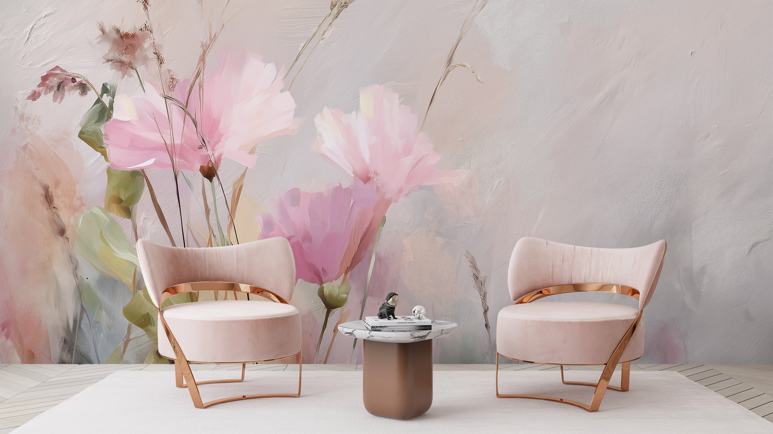 Soft pink watercolor floral mural on a neutral wall behind two blush pink accent chairs with copper frames in a airy living s