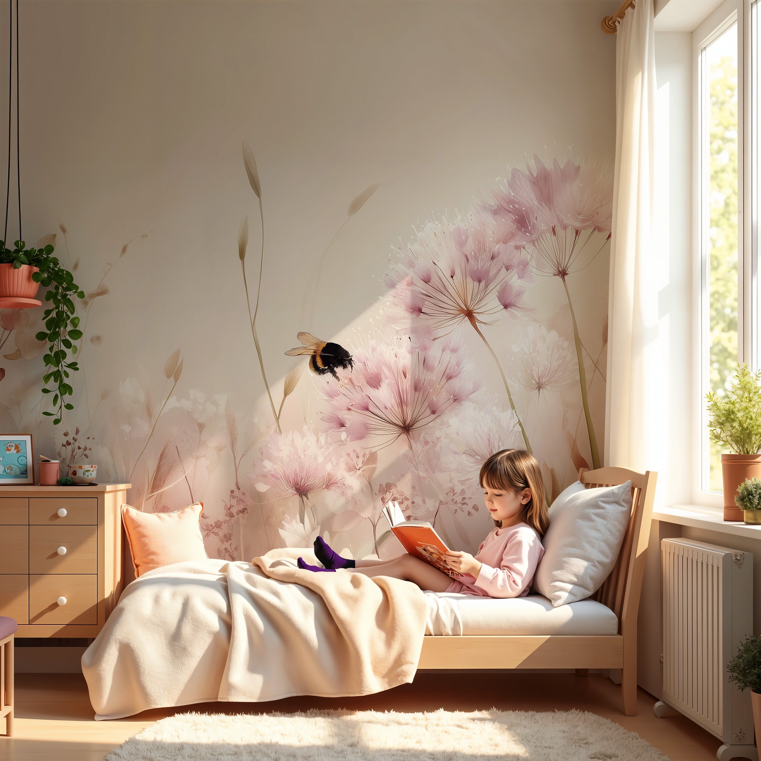 Pink watercolor meadow mural in a cozy pink bedroom with dandelion blooms, a bee, and a child reading on a light wood bed
