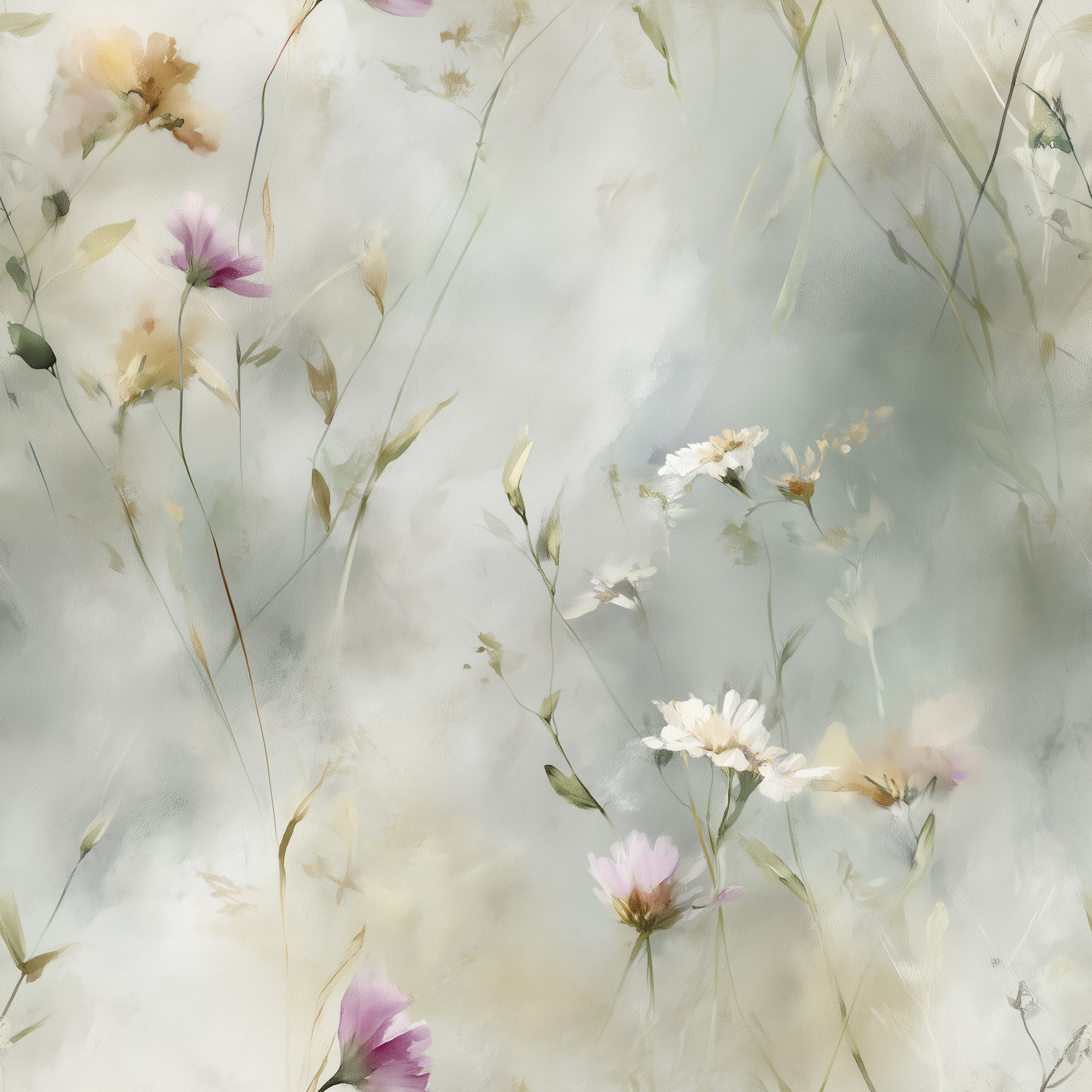 Watercolor wildflower wallpaper featuring soft white cosmos blooms with purple accents on a dreamy neutral backdrop, airy bot
