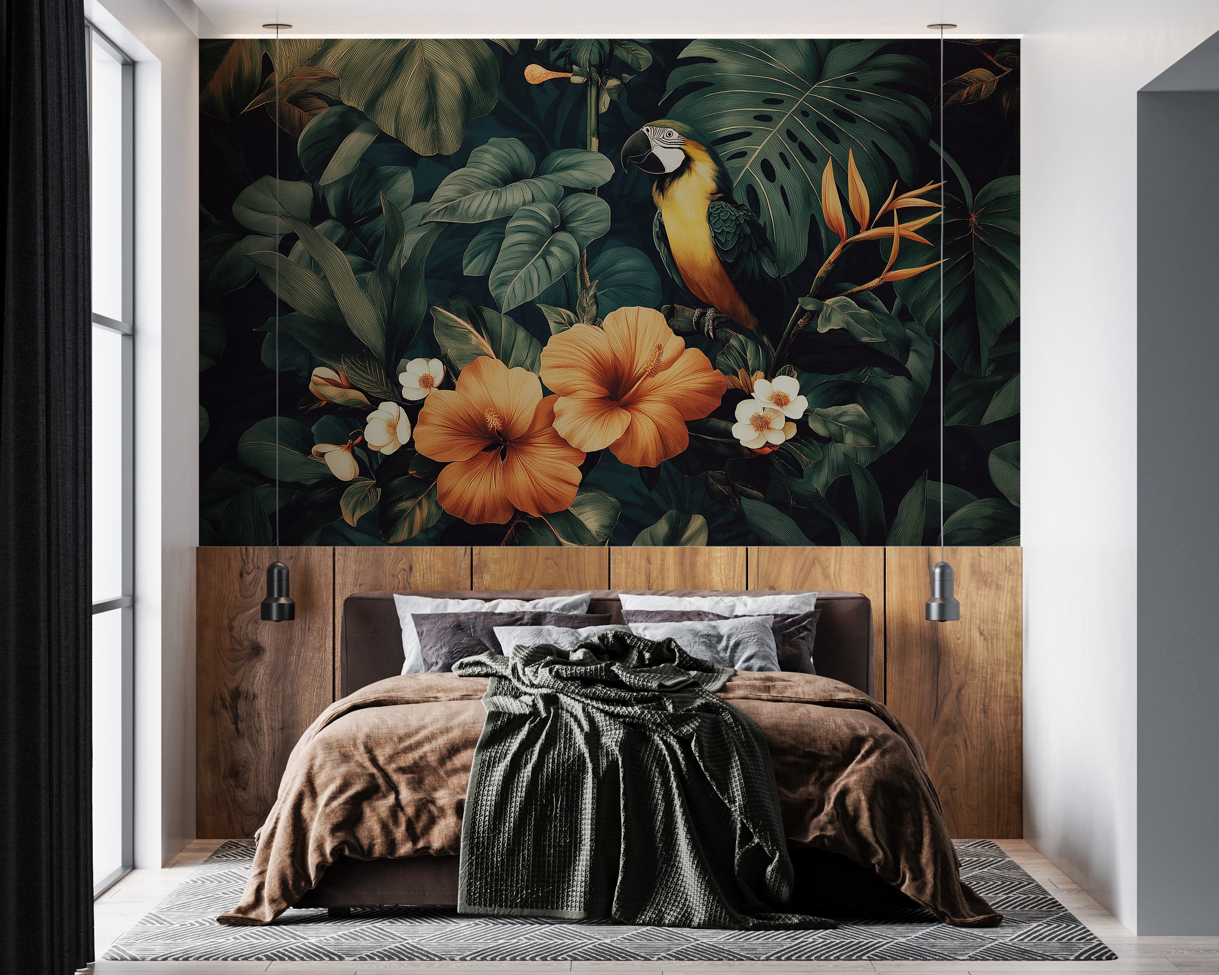Tropical parrot mural in a bedroom with hibiscus flowers, lush green leaves, and a yellow parrot, jungle-inspired bold wall a