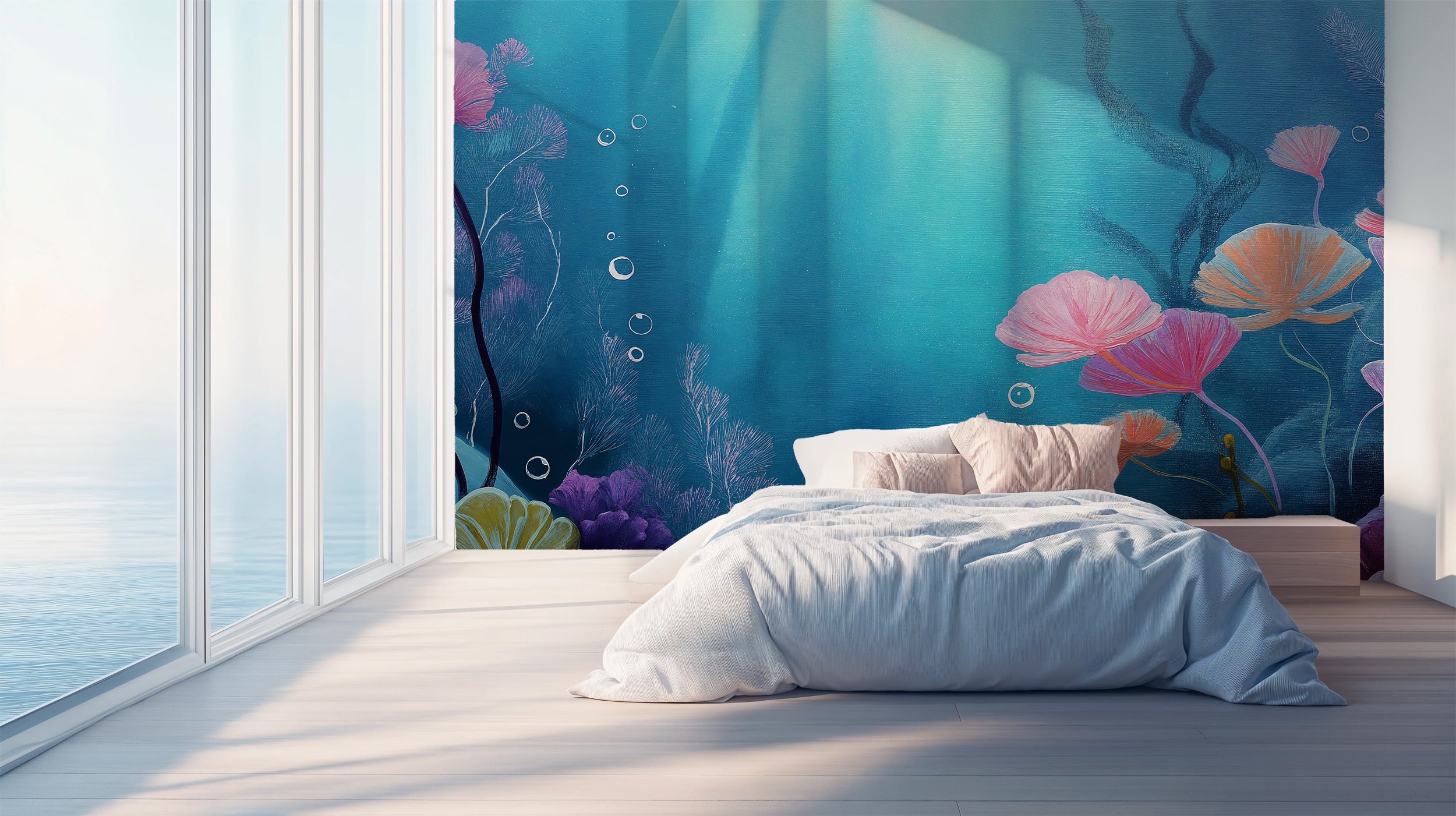 Underwater coral reef mural in a bright ocean room with turquoise blue wall art, pink and orange coral blooms, bubbles, and l