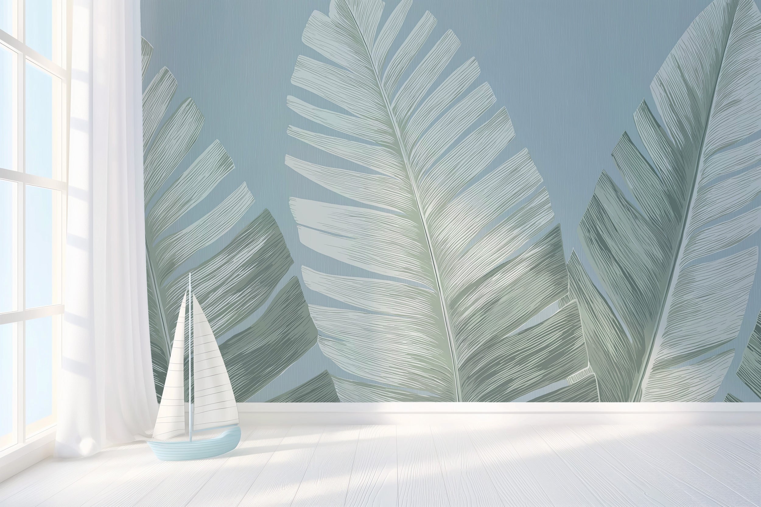 Tropical banana leaf mural in sage green and cream tones on a calming blue wall, living room setting with white floor and sai