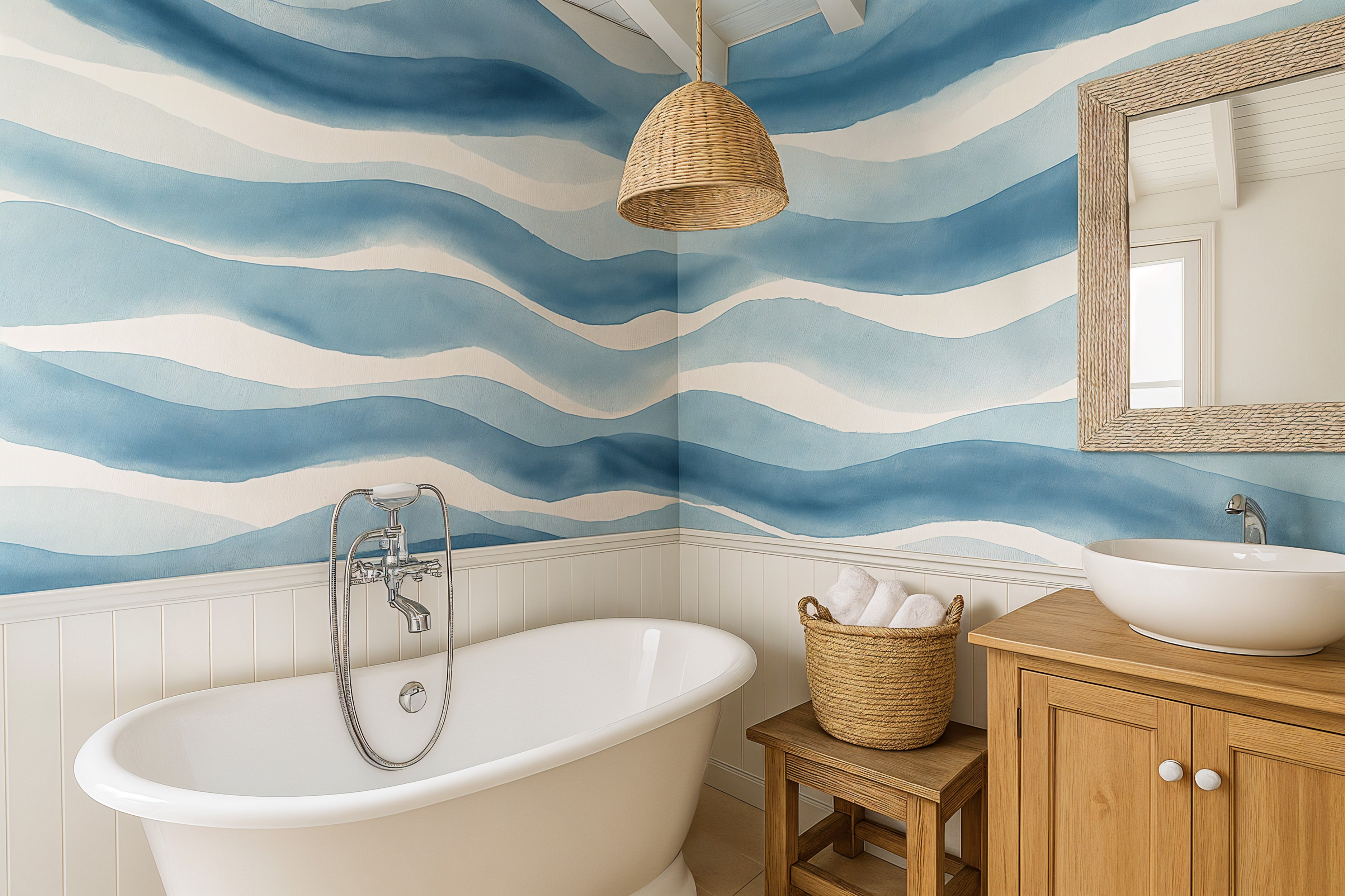 Blue abstract wave mural in a serene bathroom with a freestanding tub, wicker accents, and blue-white flowing water design