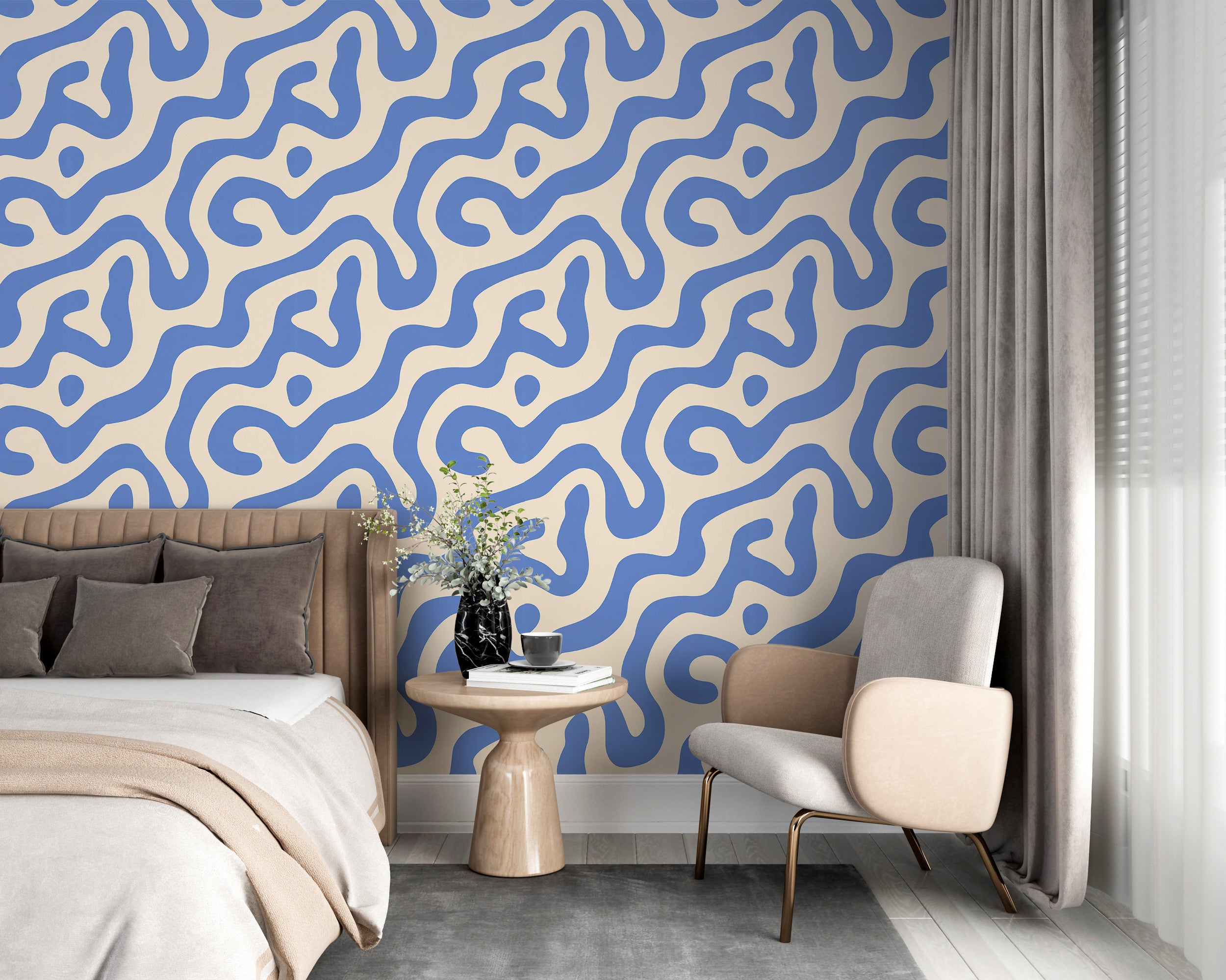 Removable blue beige abstract swirl wallpaper in a modern bedroom setting featuring a beige headboard, gray curtains, and a r