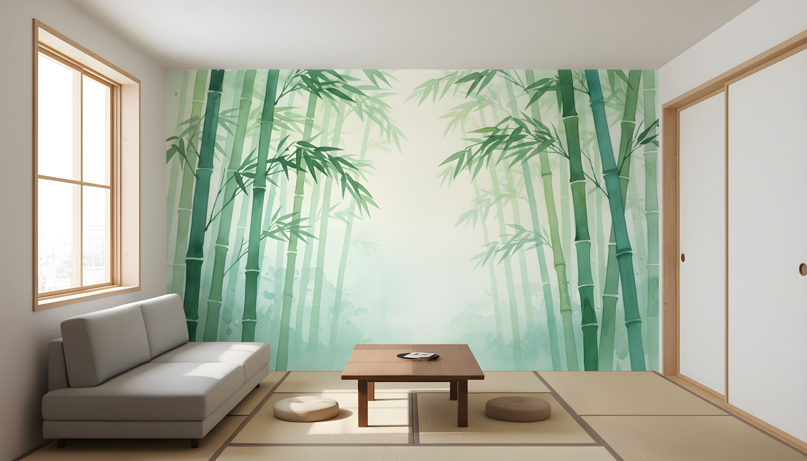 Elegant bamboo forest mural in a serene green watercolor style fills a tranquil living space with soft light and a Zen-inspired Japanese room setting