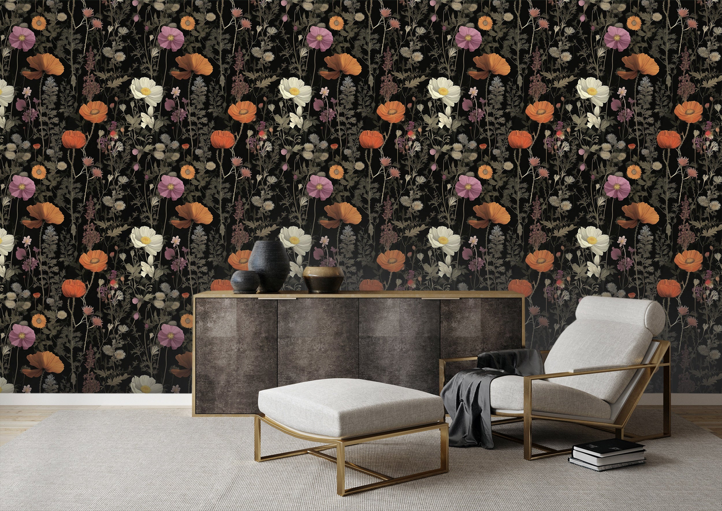 Dark botanical floral pattern wallpaper in a moody black backdrop with orange, pink, and white poppies and wildflowers behind a modern lounge with a