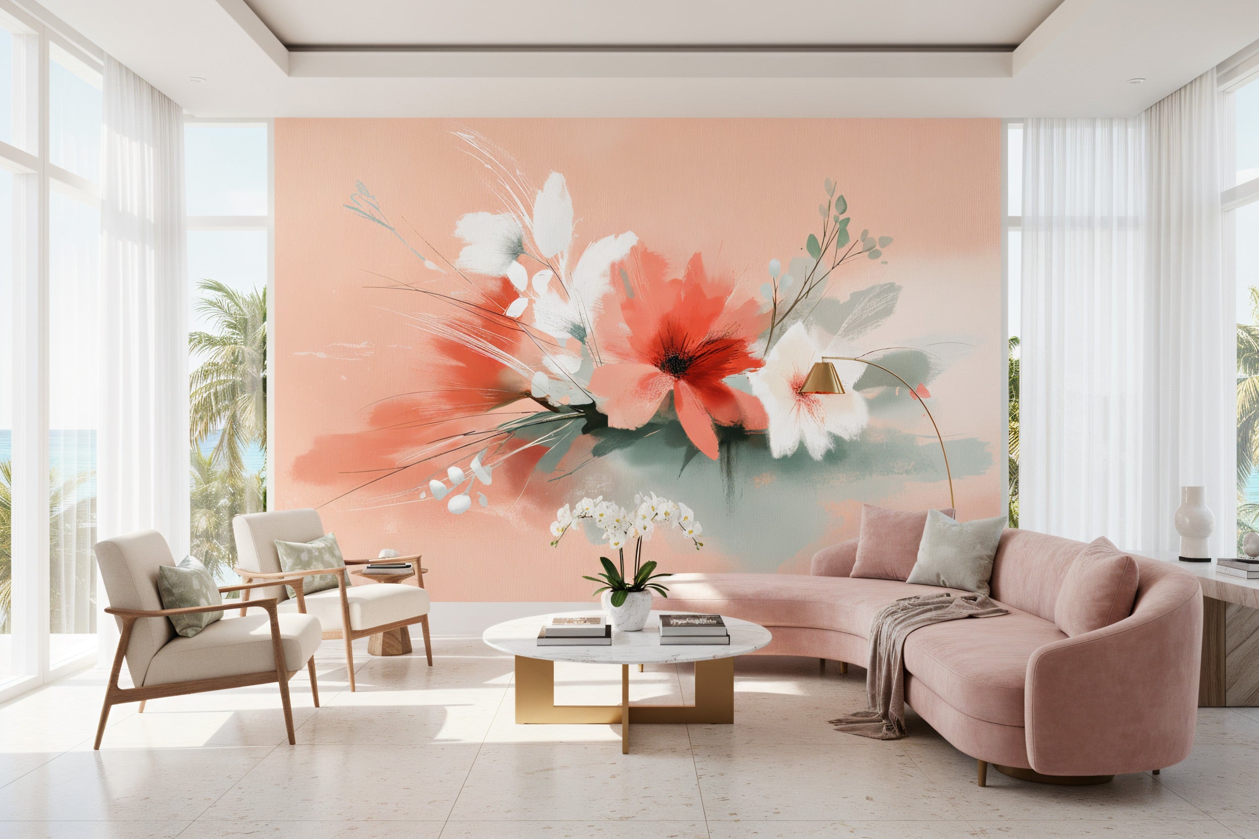 Abstract floral mural with coral pink, white, and sage green watercolor blooms in a sunny modern living room setting with a p