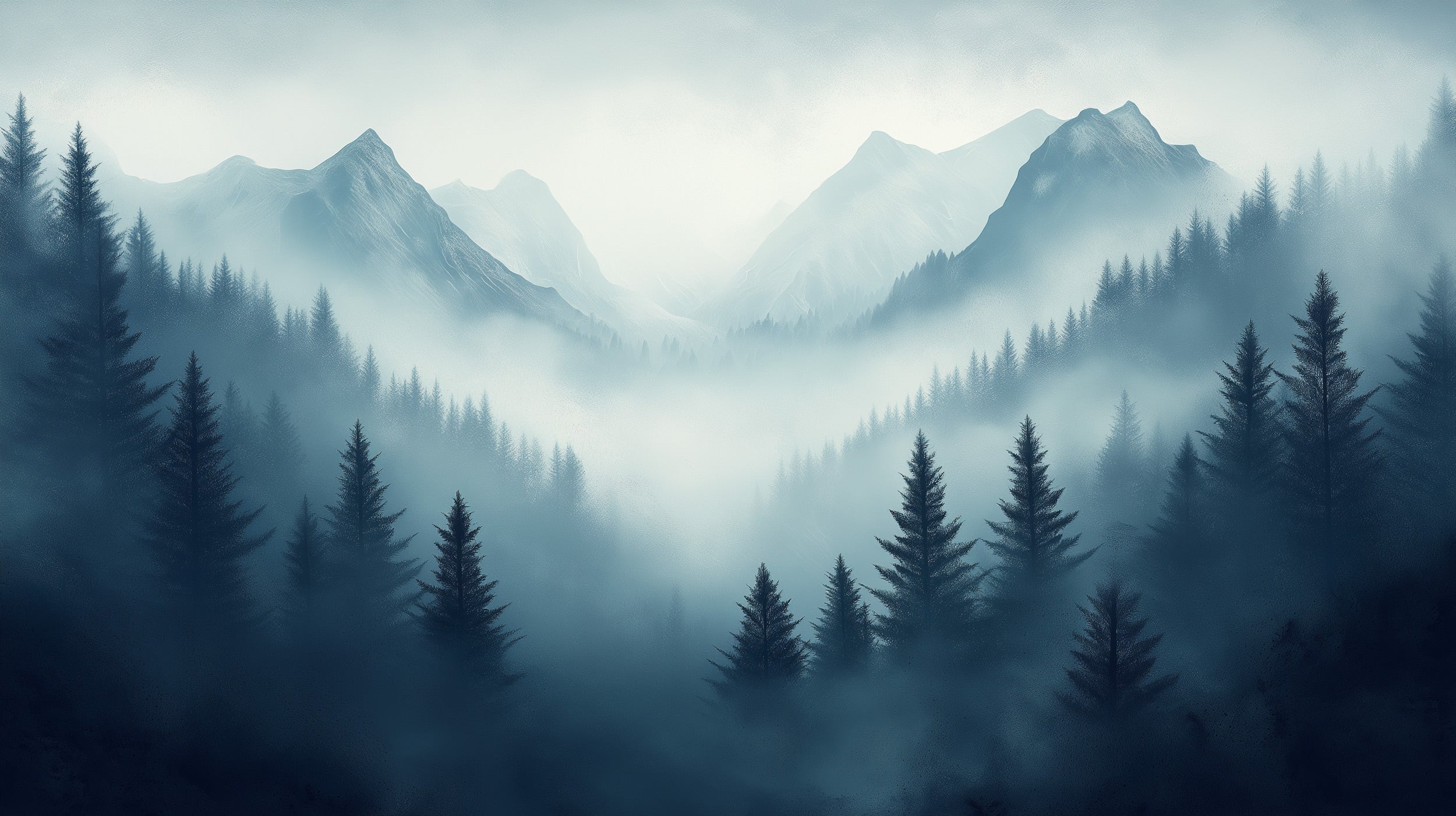 Mist-like blue gray mountain forest mural showing foggy peaks and evergreen trees in a tranquil, panoramic nature scene for a