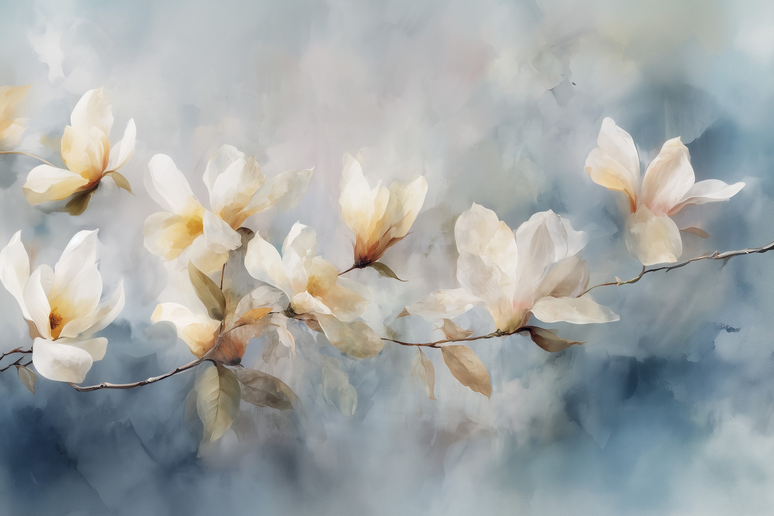 Watercolor magnolia branch mural with soft cream and pale yellow blossoms on a dreamy blue-gray background, botanical wall ar