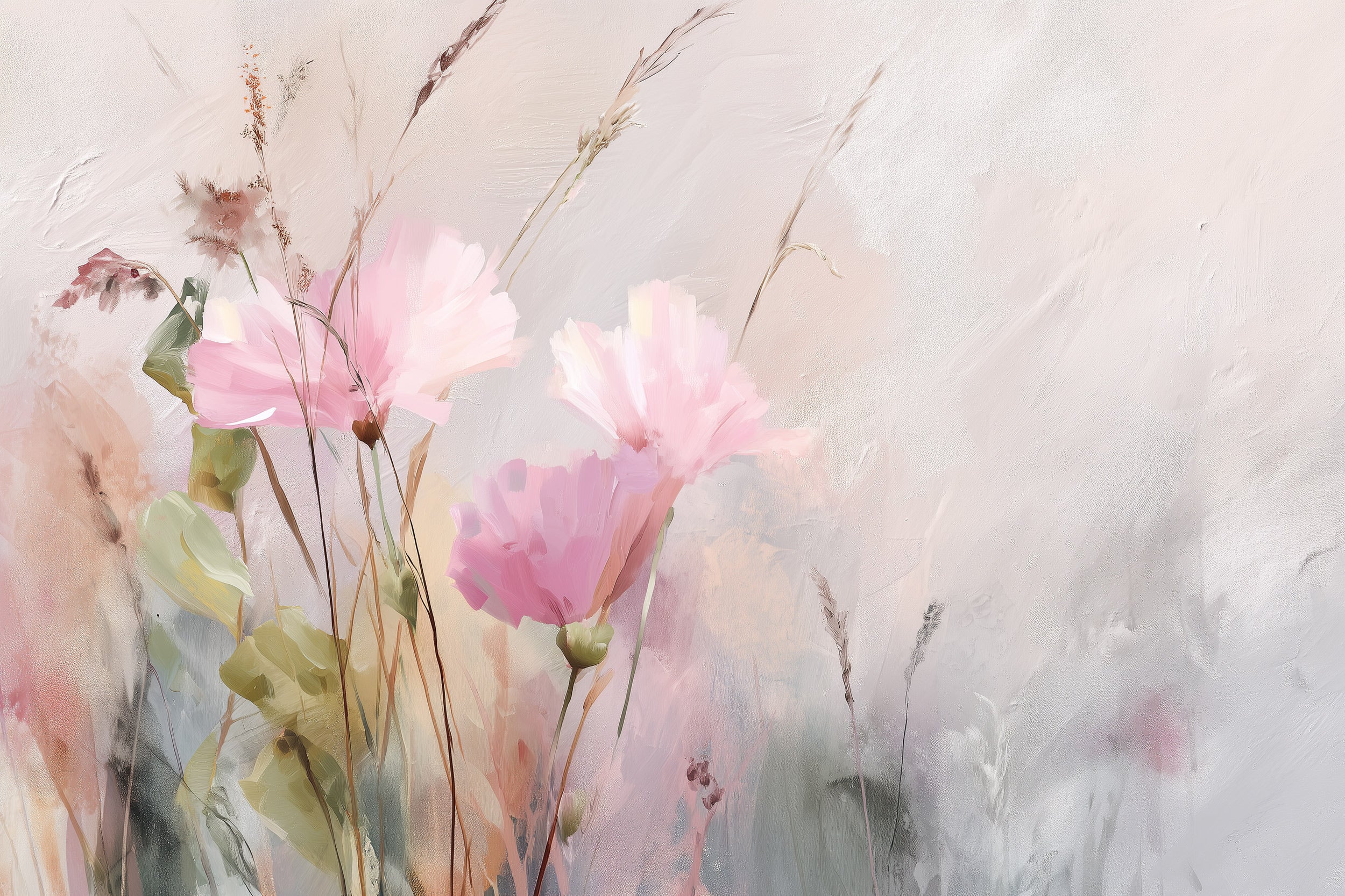 Watercolor floral mural with soft pink blooms and grasses, a romantic peel and stick wall art for bedroom or living space