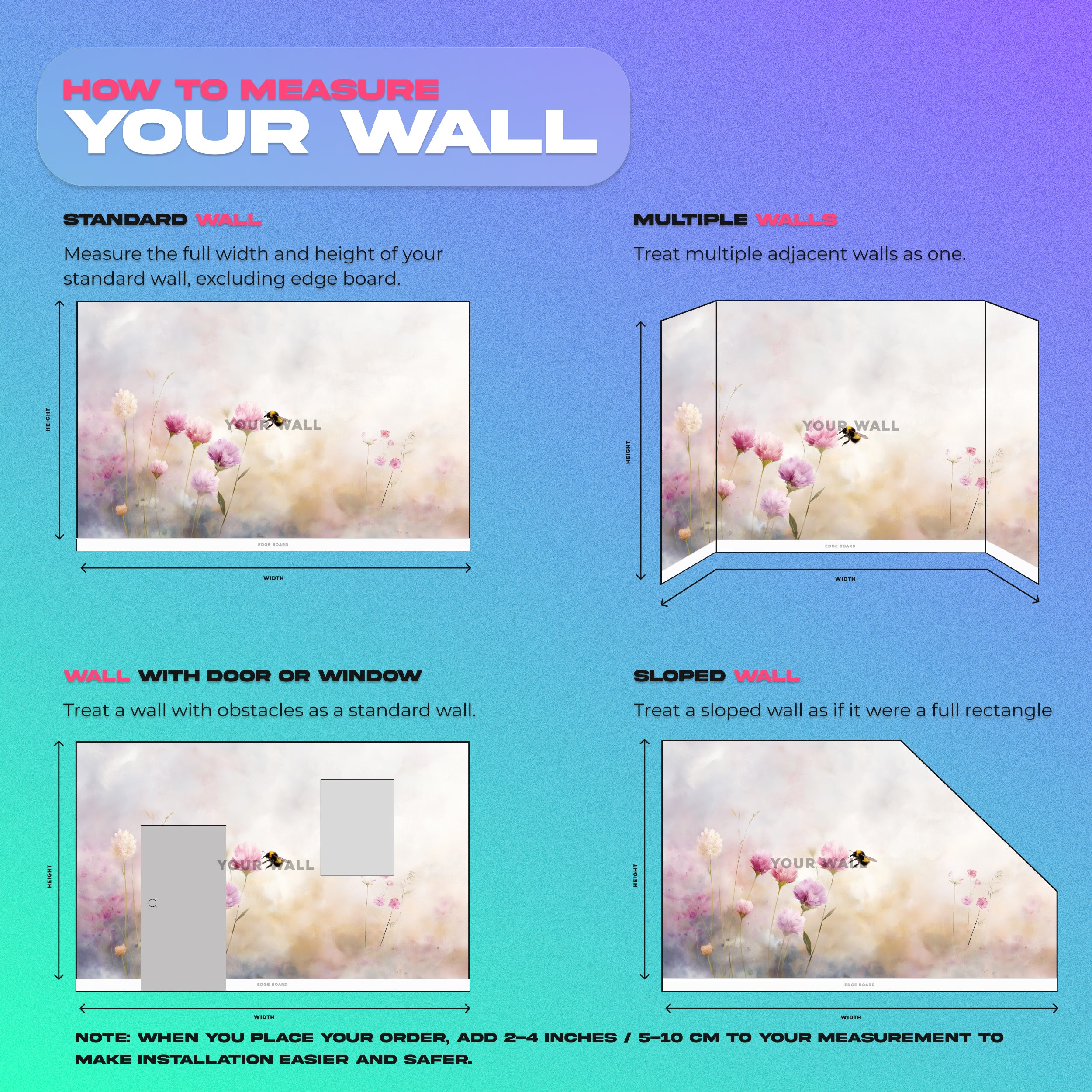 Watercolor meadow mural with pink cosmos flowers and a bumblebee in flight, soft pastel tones, peel and stick wall decor for